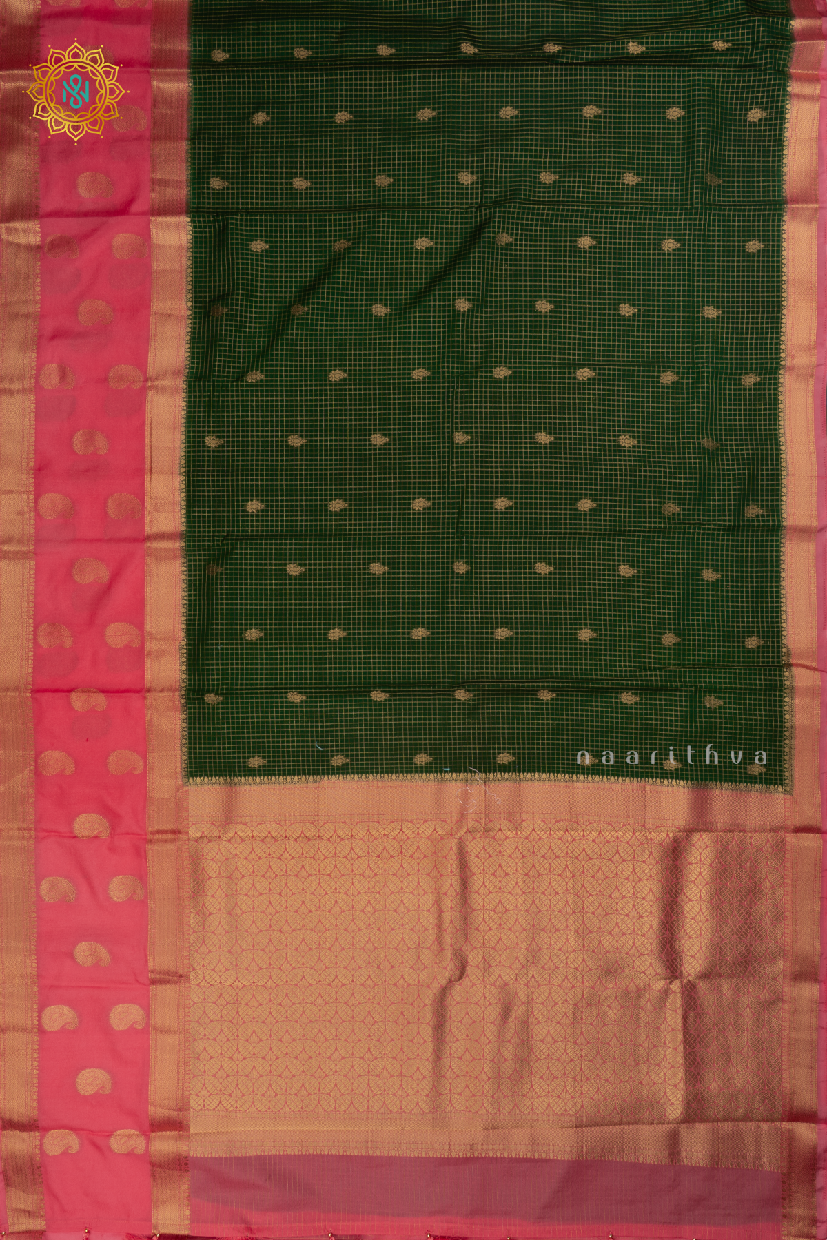 Bottle Green with Light Pink Semi Mysore Crepe Silk Saree with All-Over Zari Checks and Buttas and a Contrast Zari Gap Border