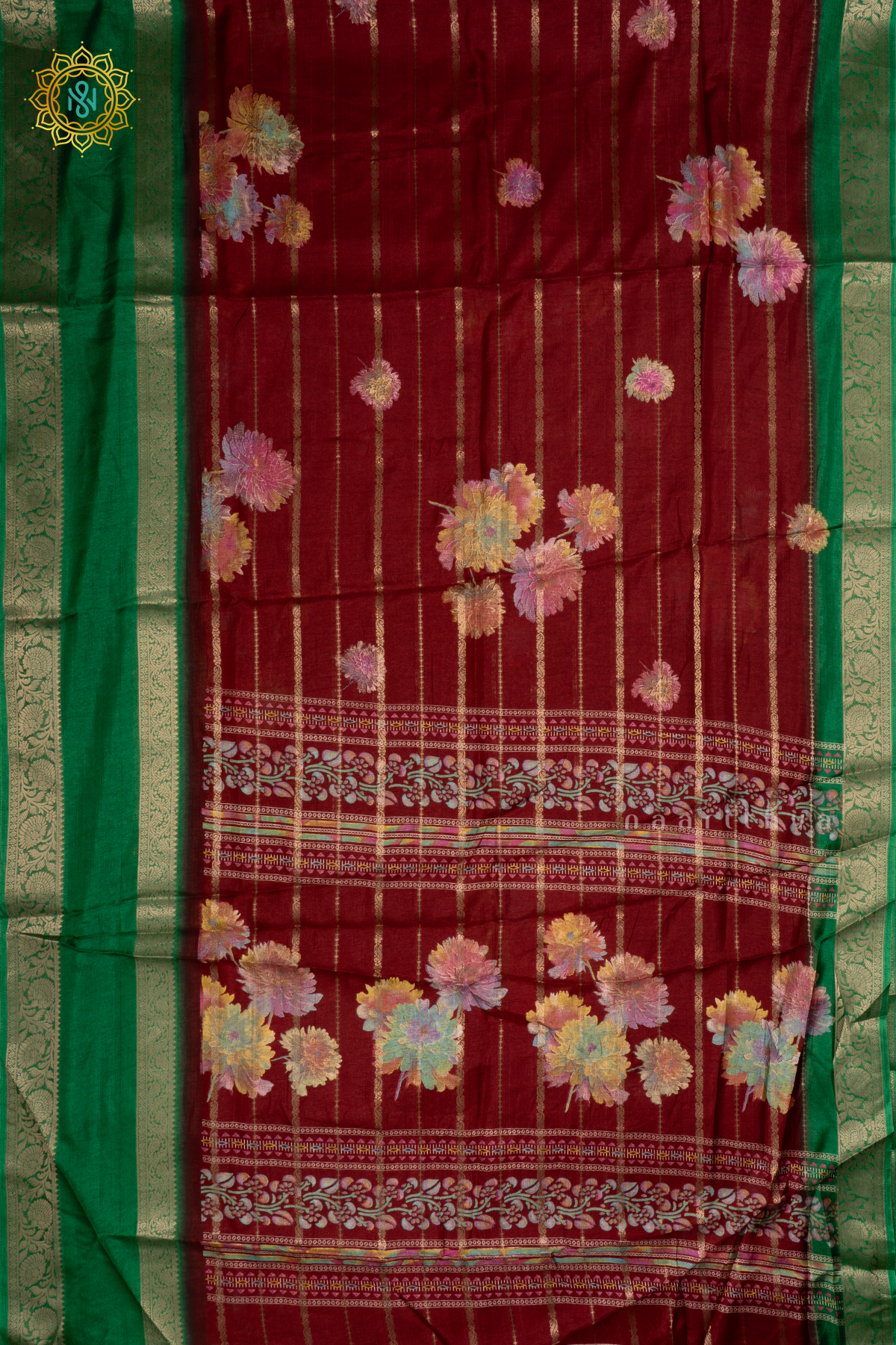Maroon With Green Dola Silk Saree Allover Printed Buttas And Zari Stripes With Contrast Zari Gap Border