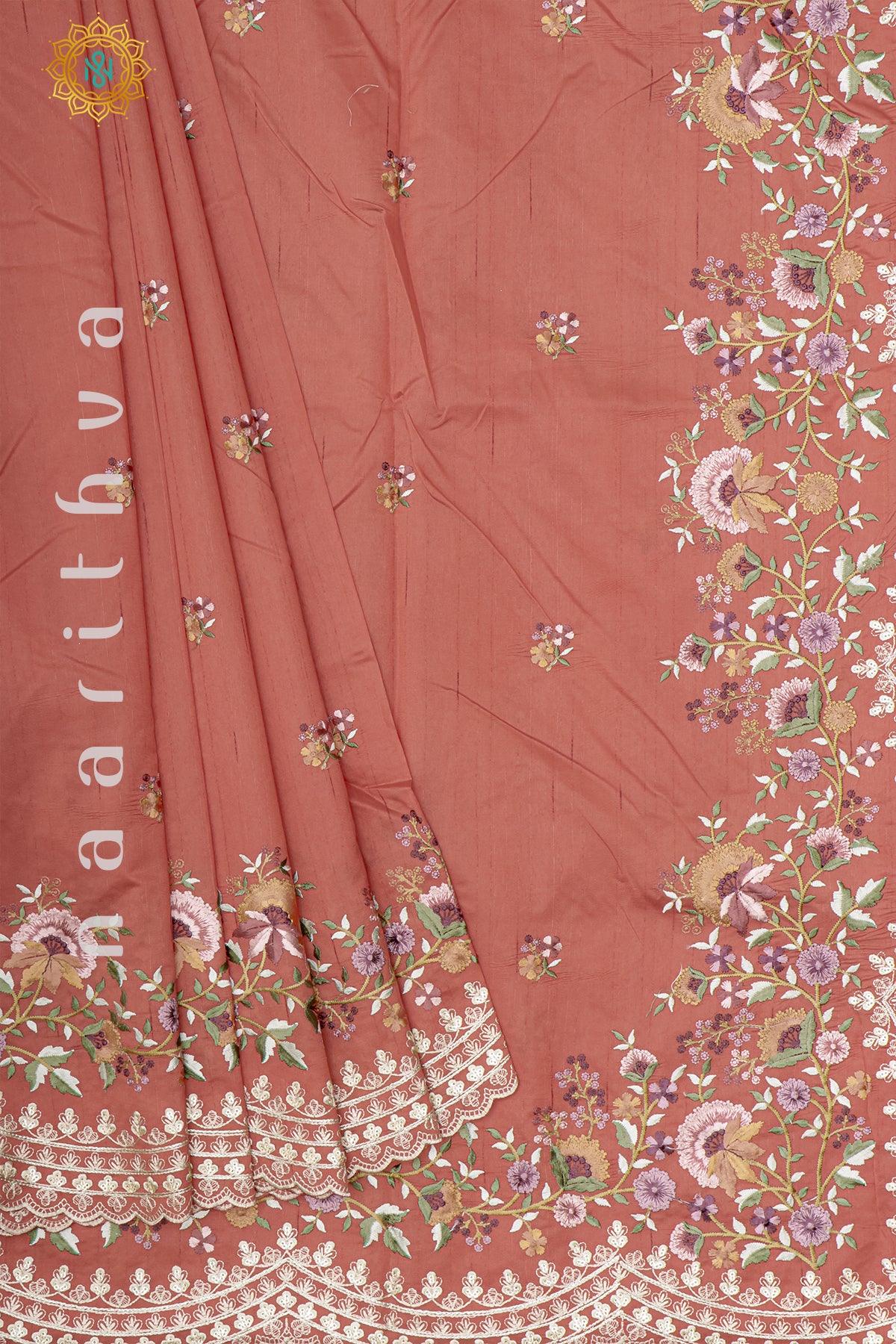 PEACHISH ORANGE - SEMI TUSSAR SILK WITH EMBROIDER