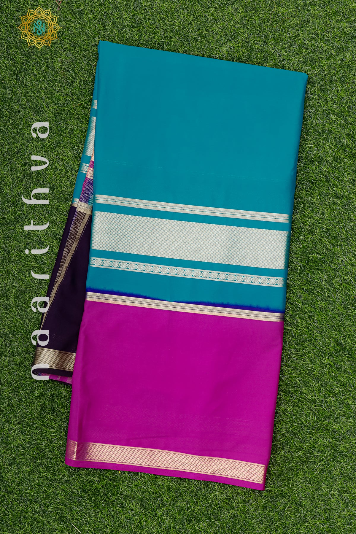 SKY BLUE WITH PINK & NAVY BLUE - SEMI MYSORE CREPE SILK