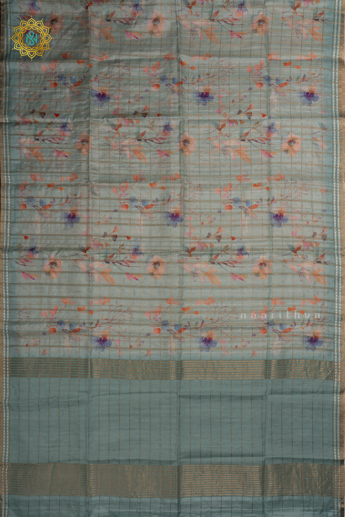 Light Blue - Kotha Tussar Silk Saree with Allover zari Checks and Printed Body with pallu and Blouse