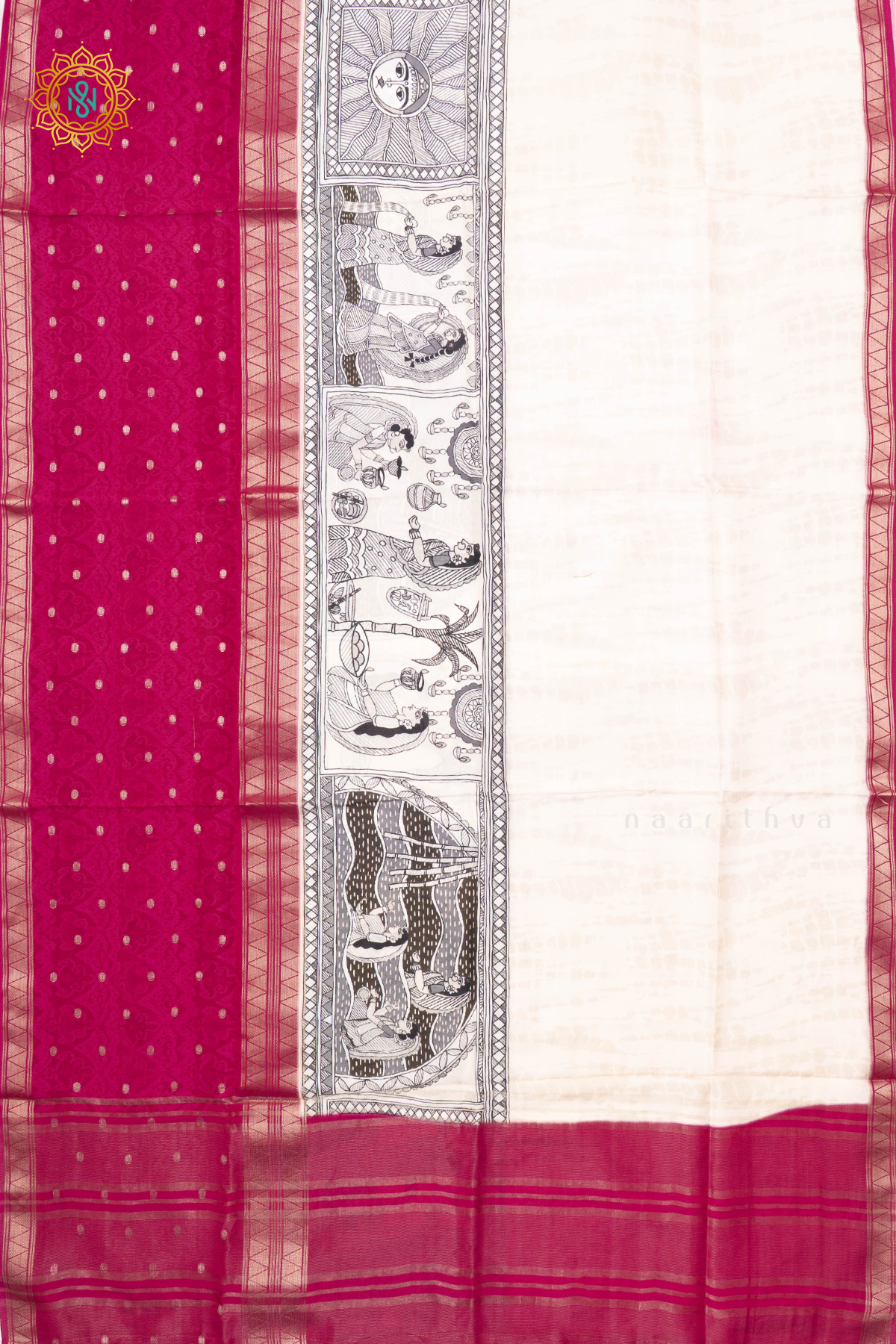 OFF WHITE WITH PINK - SEMI CREPE SILK