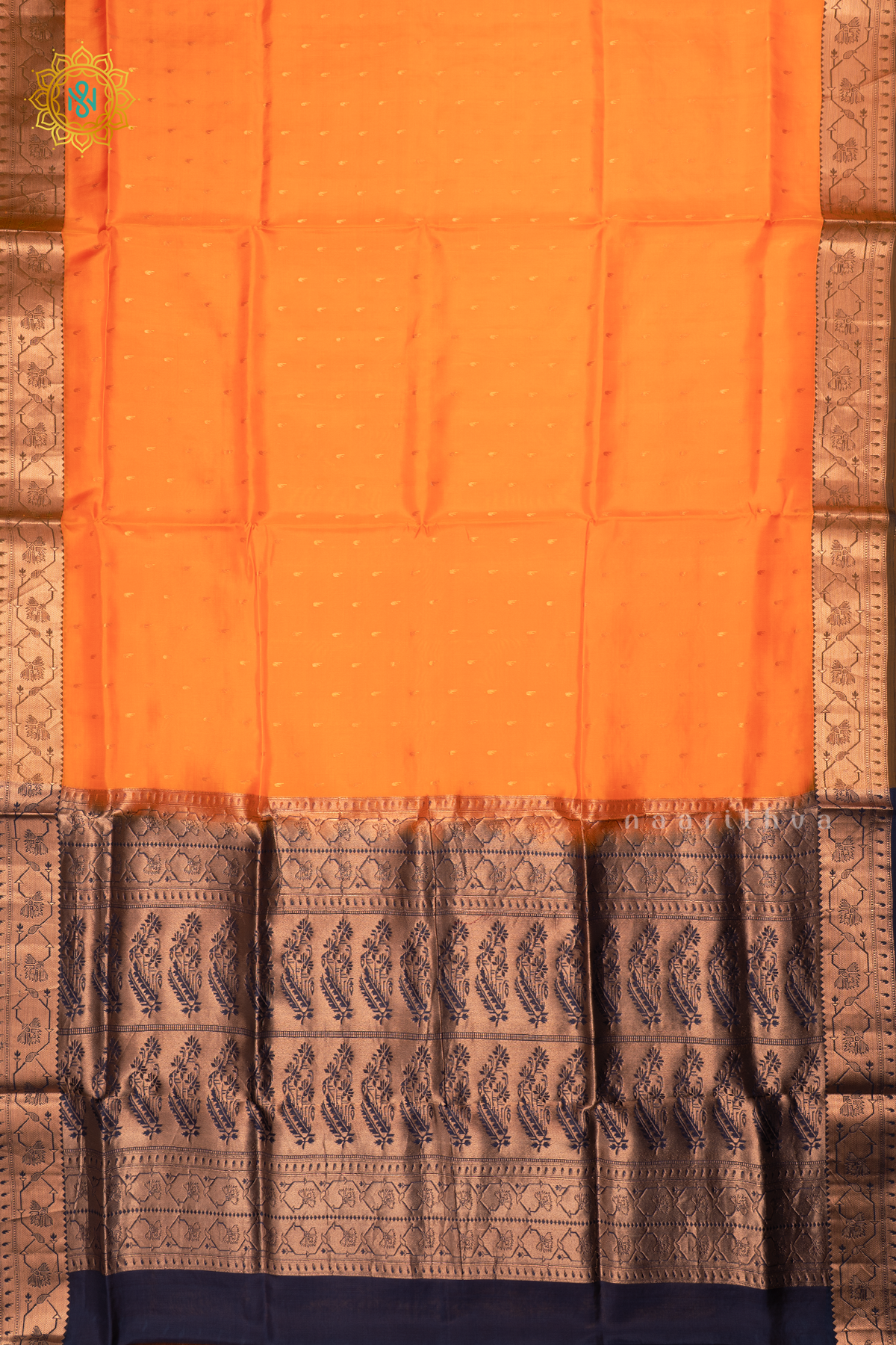 Dual Shade of Yellow and Orange with Navy Blue Pure Mix Kanjivaram Soft Silk Saree with All-Over Zari Buttas and a Contrast Zari Border