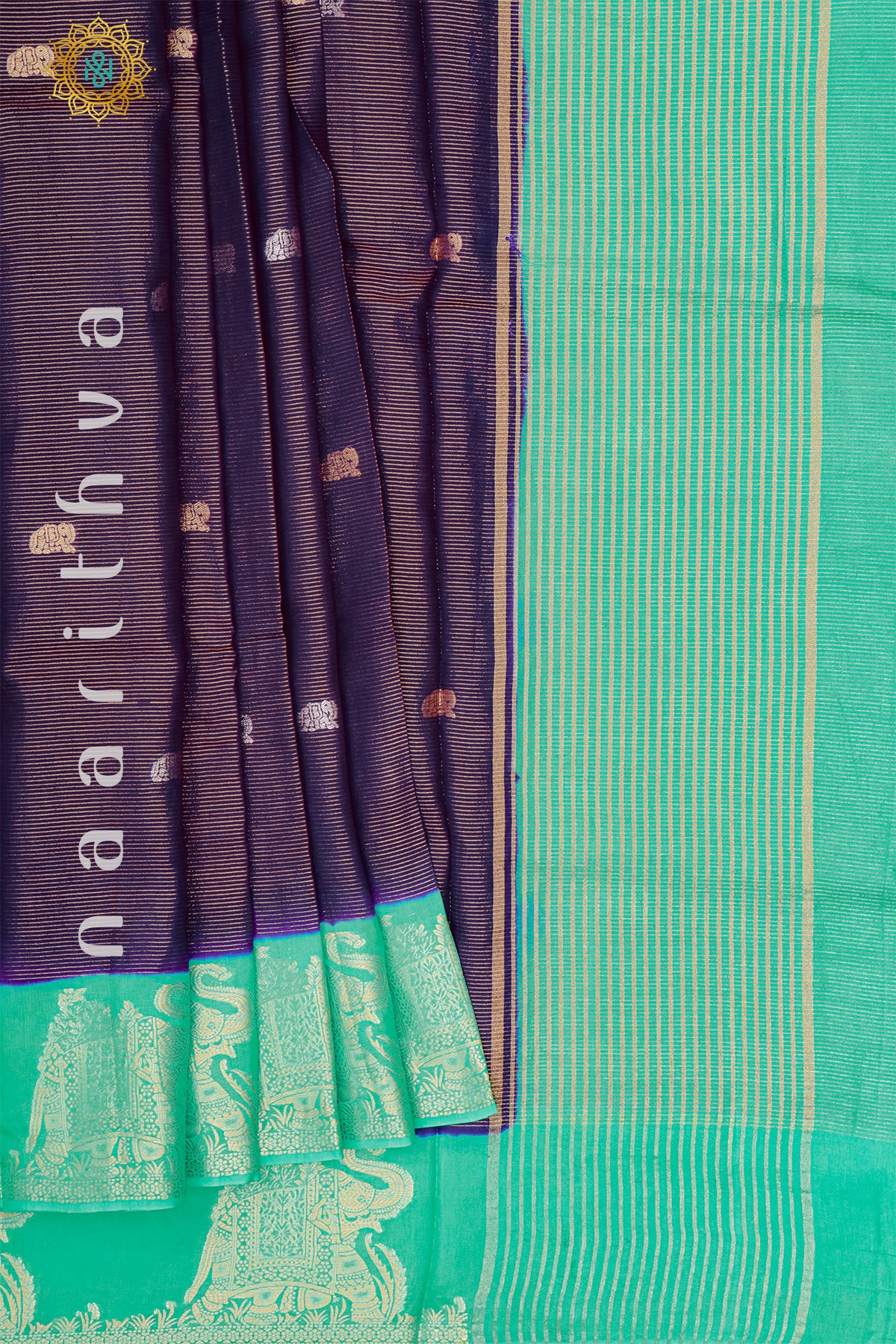 NAVY BLUE WITH AQUA GREEN - SEMI CREPE SILK