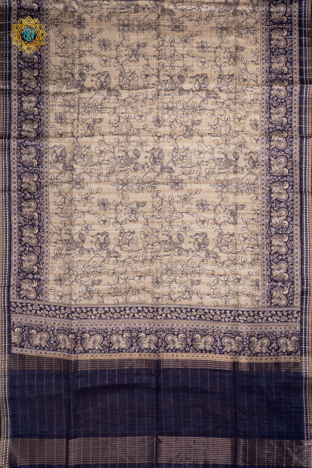 Off White With Blue Semi Tussar Silk Saree Allover Printed And Zari Striped Body With Thread Woven Tissue Border