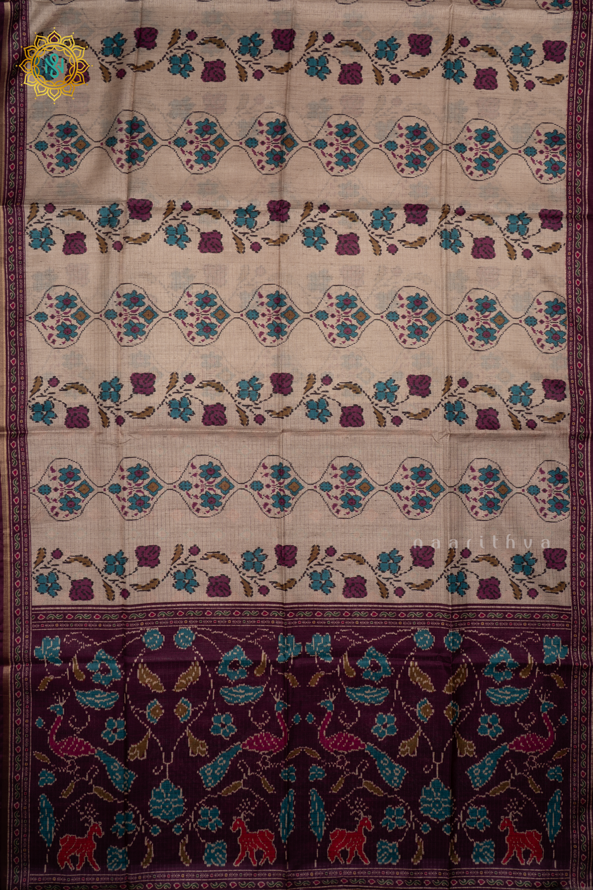 Off White With Wine Semi Tussar Silk Saree With Printed Body And Contrast Border