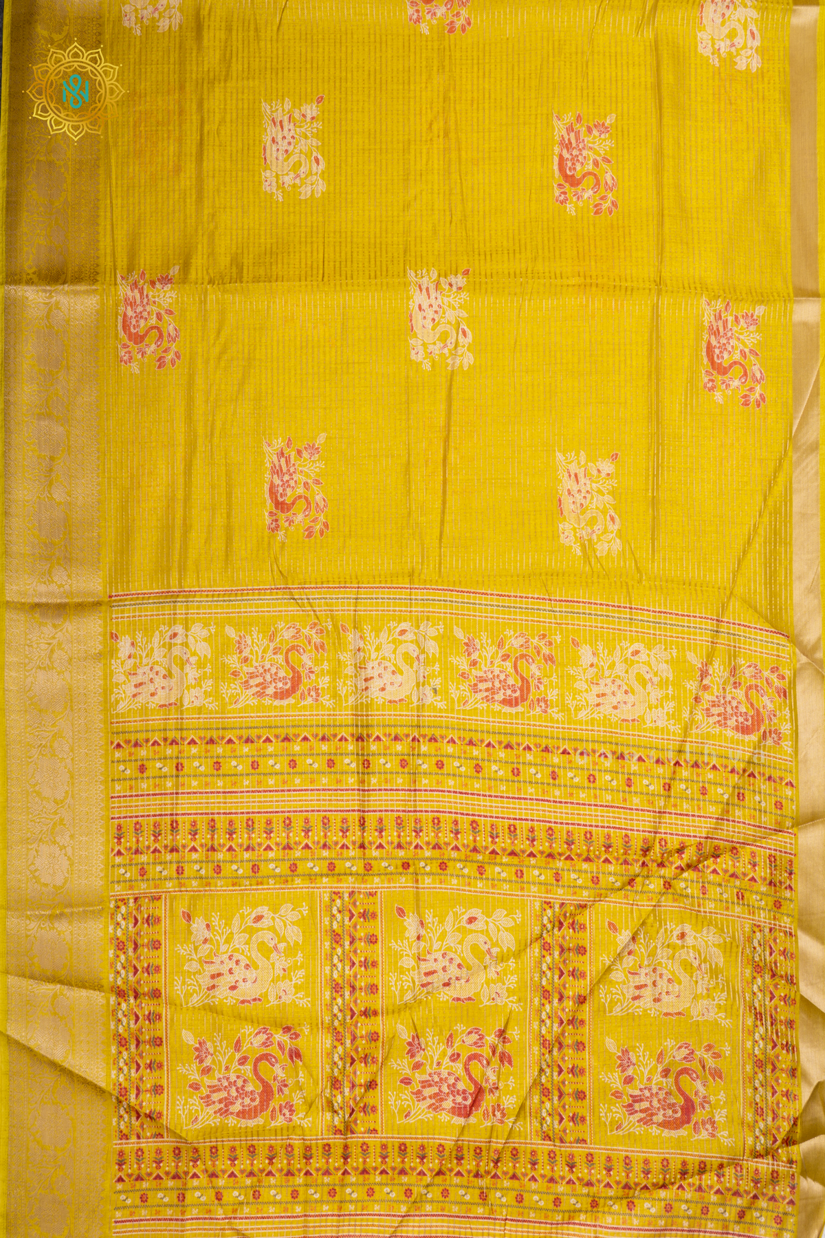 Yellow Dola Silk Saree With Allover Printed Buttas And Zari Stripes With Zari Border