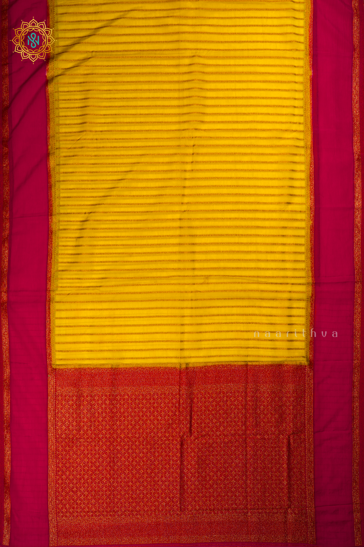 Yellow with Pink Semi Chiffon Georgette Saree with Allover Zari Stripes and Zari Gap Border