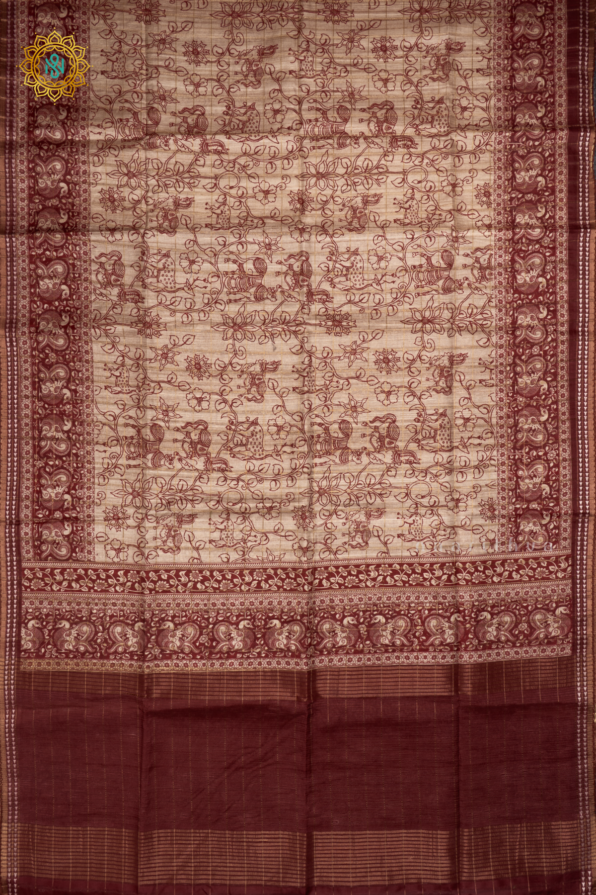 Off White With Maroon Semi Tussar Silk Saree Allover Printed And Zari Striped Body With Thread Woven Tissue Border