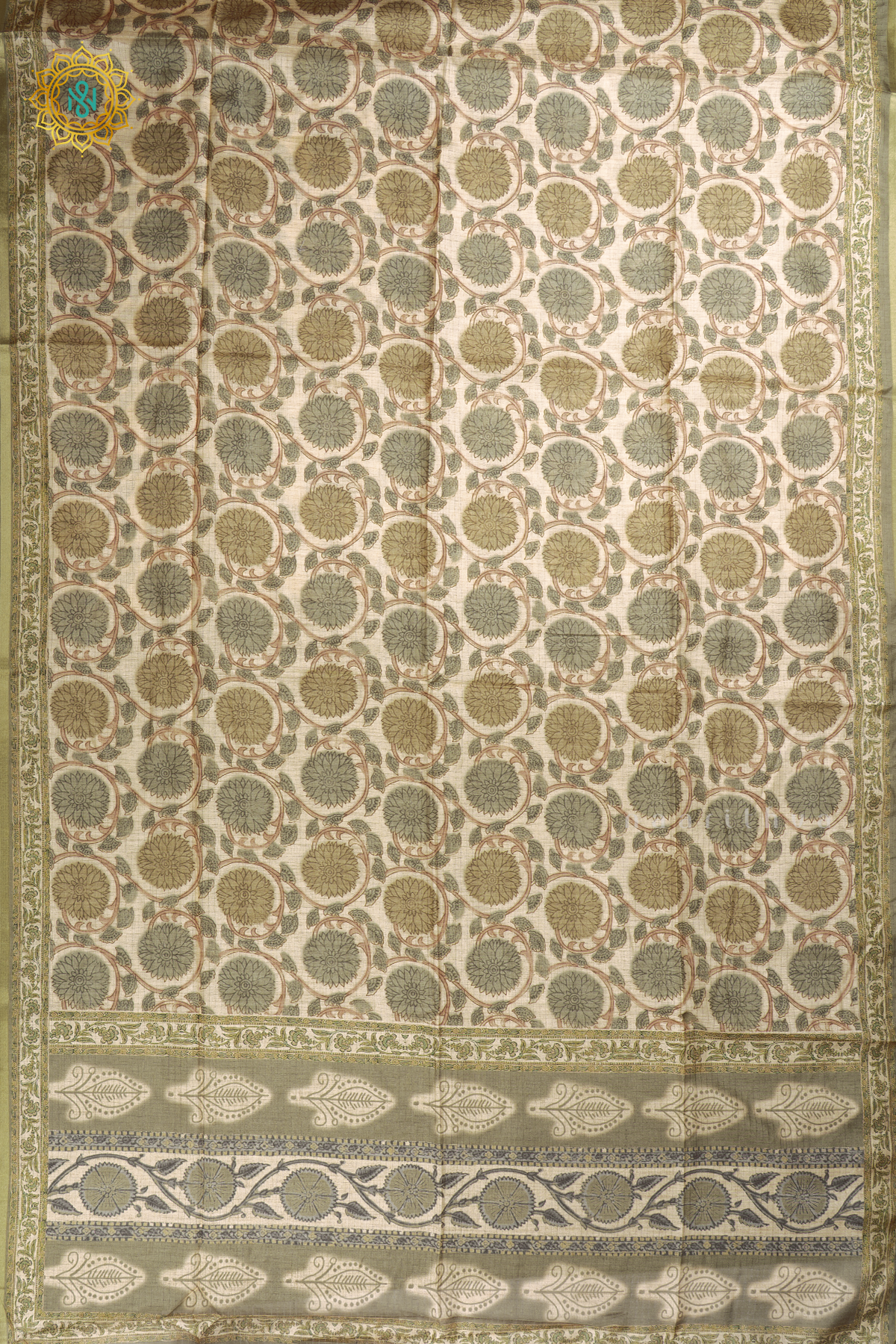 Beige With Green Semi Tussar Silk Saree With Printed Body And Tissue Border