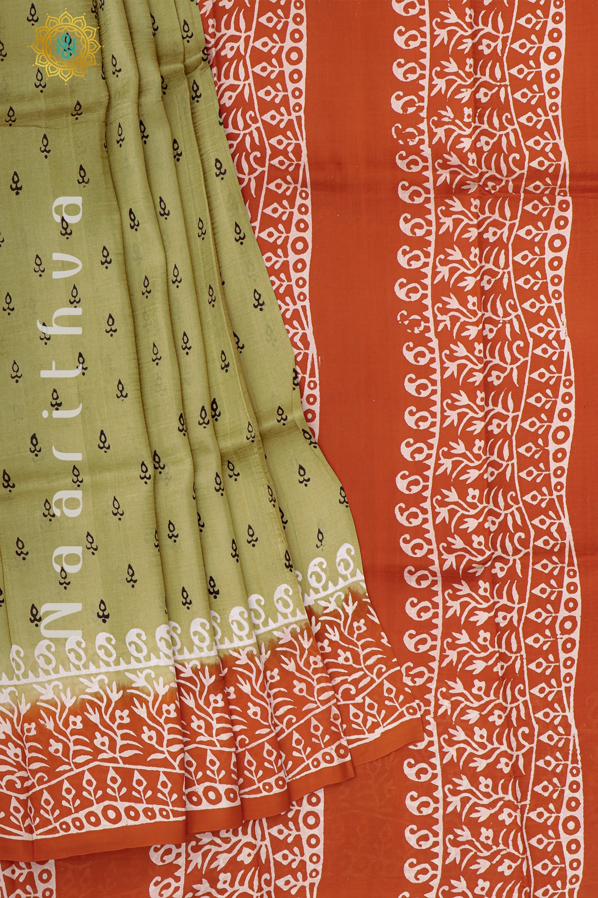 BIEGE WITH ORANGE - PURE MULBERRY SILK WITH BLOCK PRINT