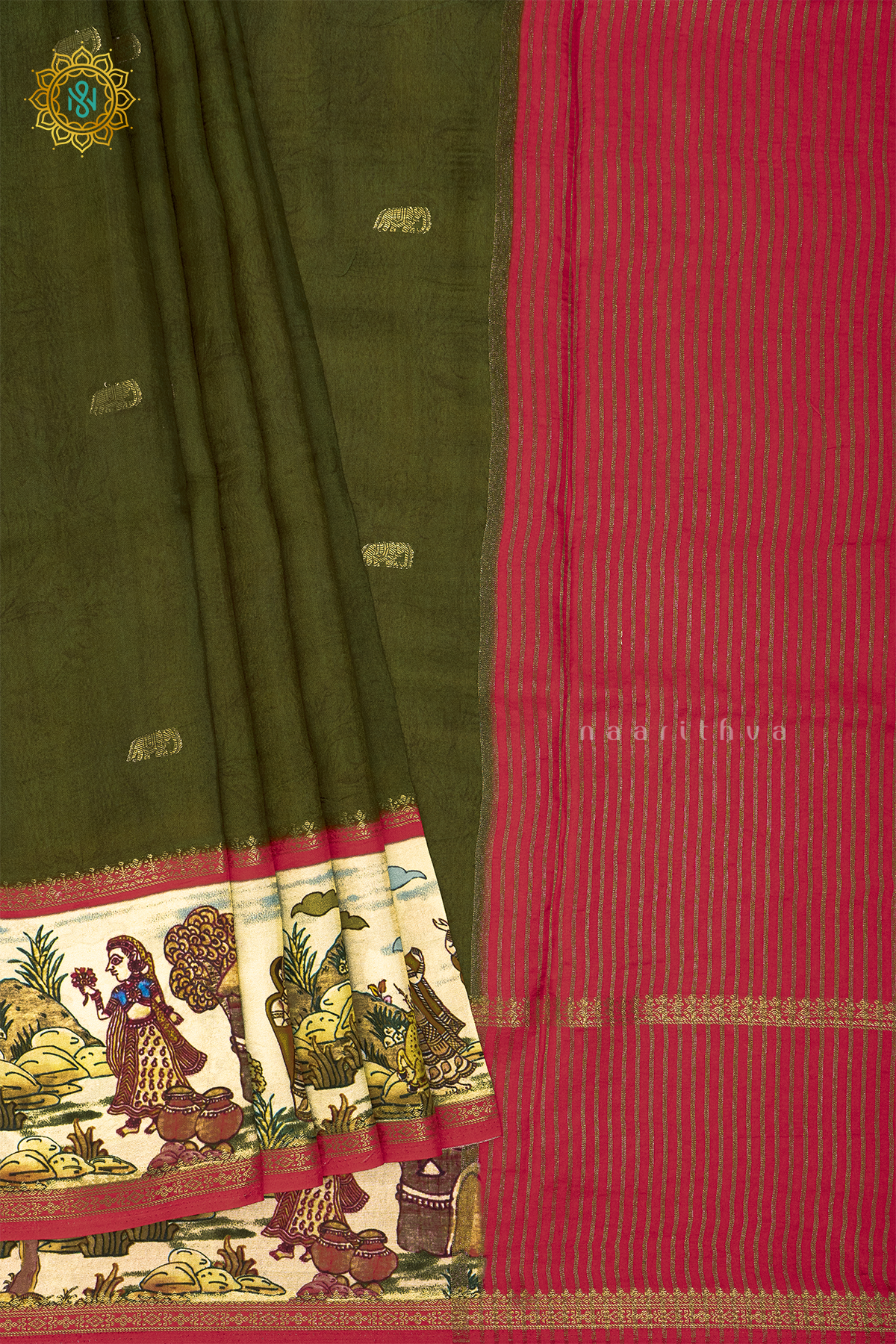 OLIVE GREEN WITH ORANGISH RED - SEMI CREPE SILK