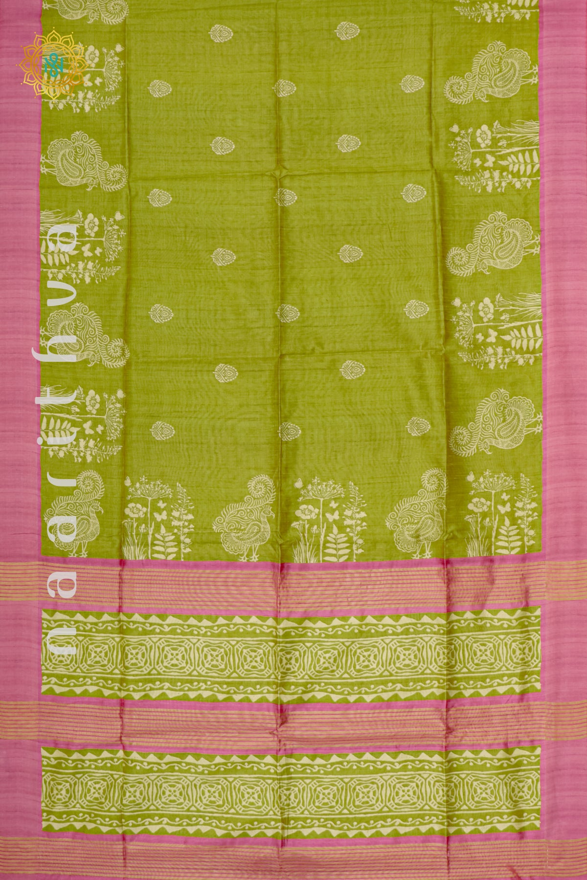 PARROT GREEEN WITH PINK - SEMI TUSSAR