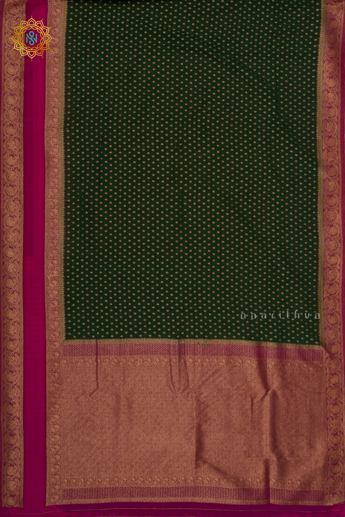 BOTTLE GREEN WITH PINK - SEMI CREPE GEORGETTE