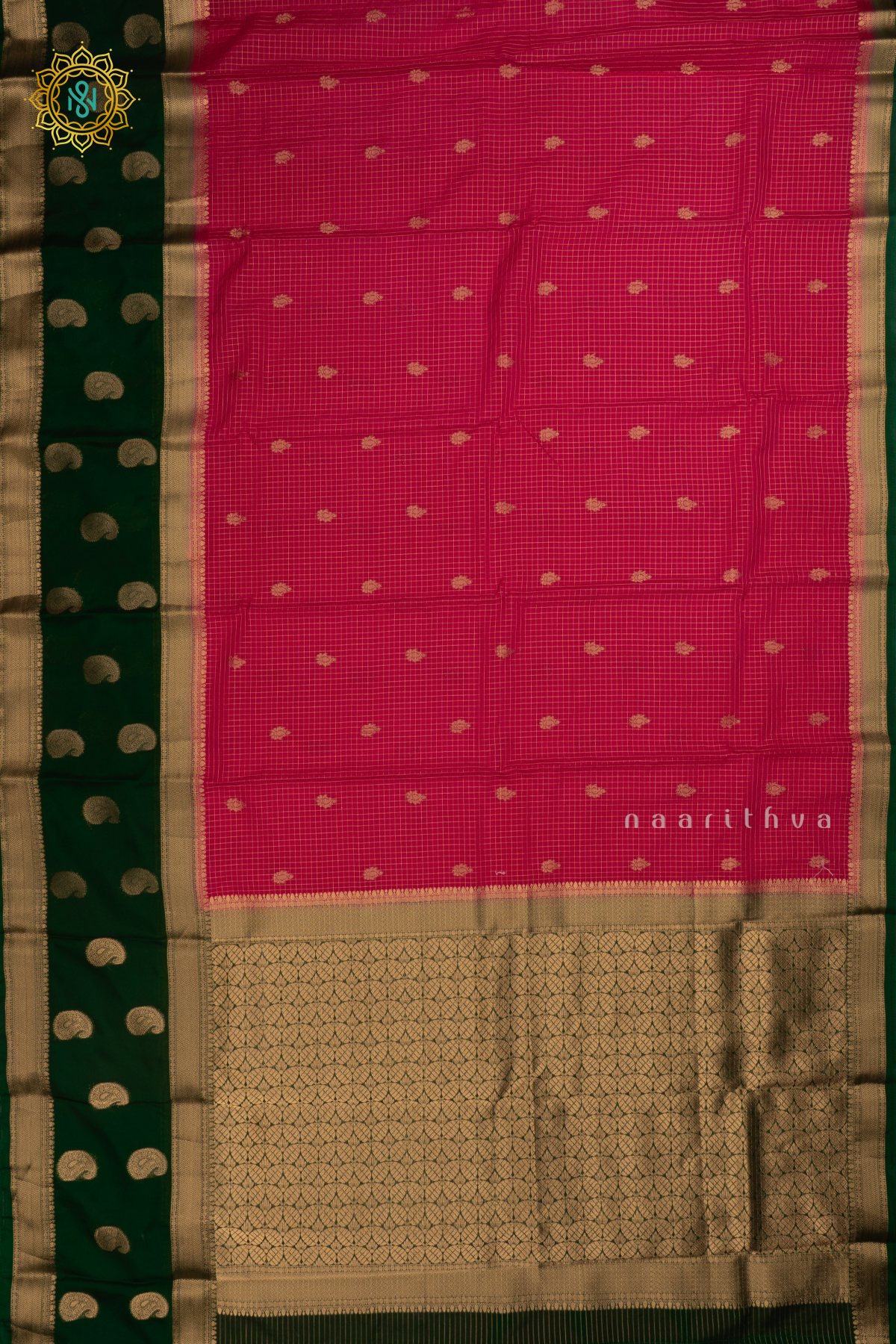 Rani Pink with Bottle Green Semi Mysore Crepe Silk Saree with All-Over Zari Checks and Buttas and a Contrast Zari Gap Border