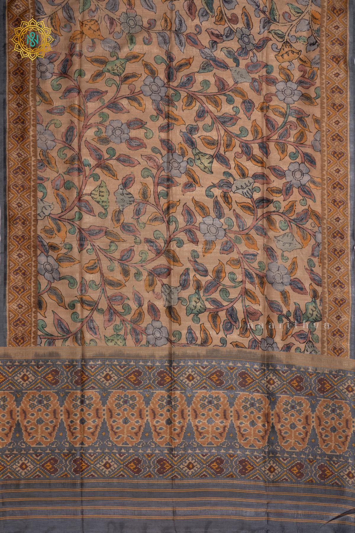 Beige With Light Grey - Semi Gicha Tussar Saree Allover Kalamkari Printed Body With Pallu And Blouse