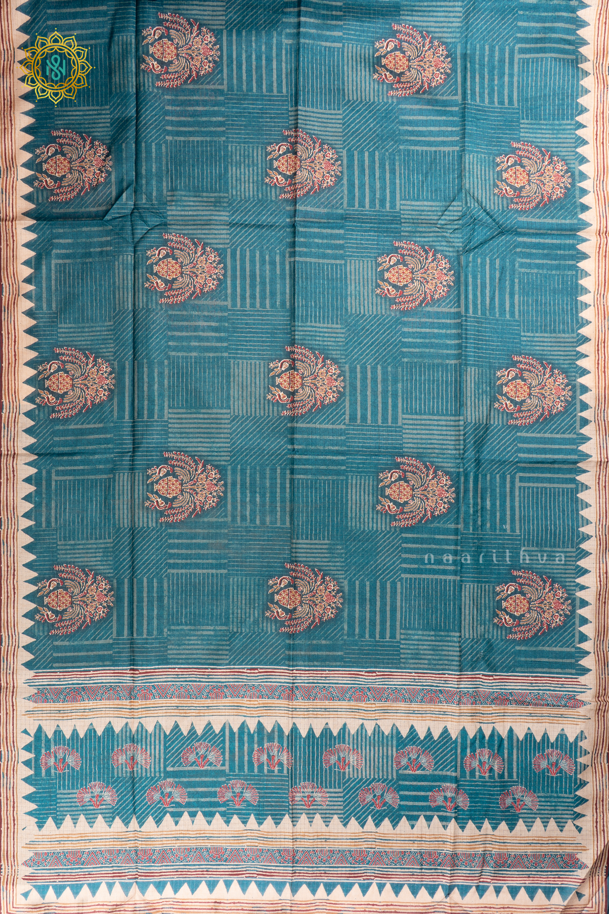 TEAL BLUE WITH OFF WHITE - SEMI TUSSAR SILK