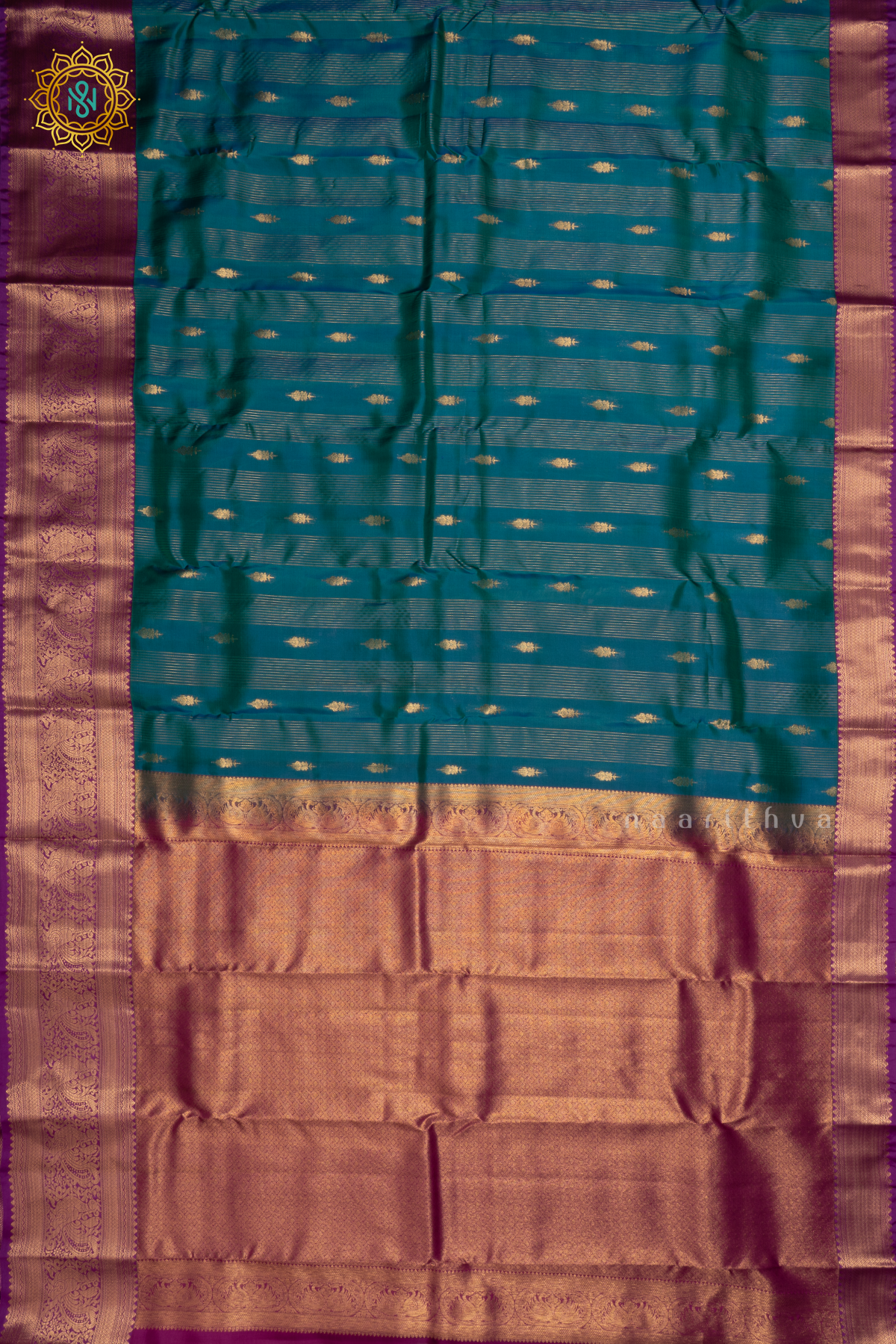 Peacock Blue with Magenta  Pure Mix Kanjivaram Silk Saree with Zari Woven Stripes, Buttas and Zari Woven Contrast Border