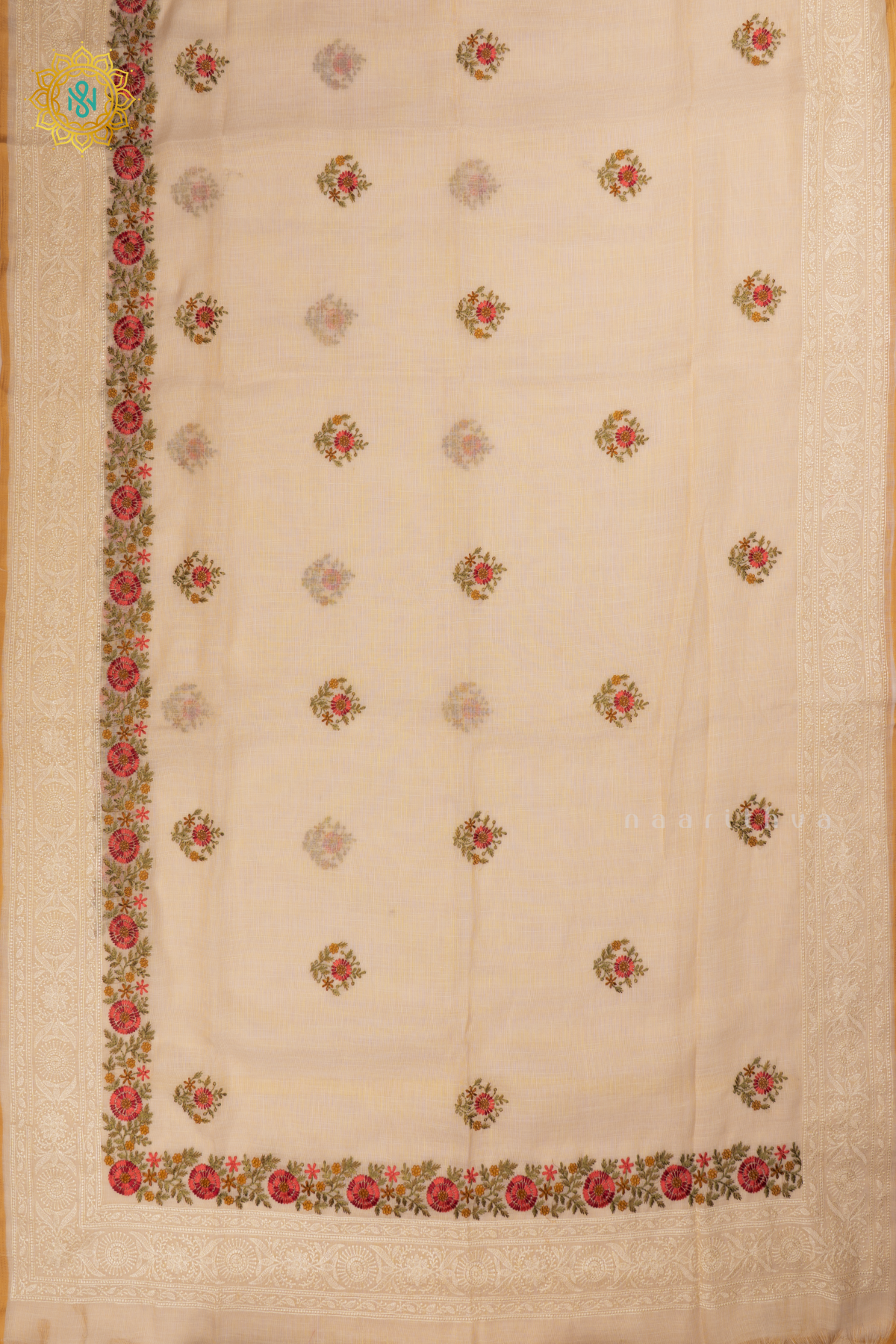 Off white Linen Tissue Saree with All-Over Embroidered Buttas on the Body, Featuring an Embroidery Border and Pallu