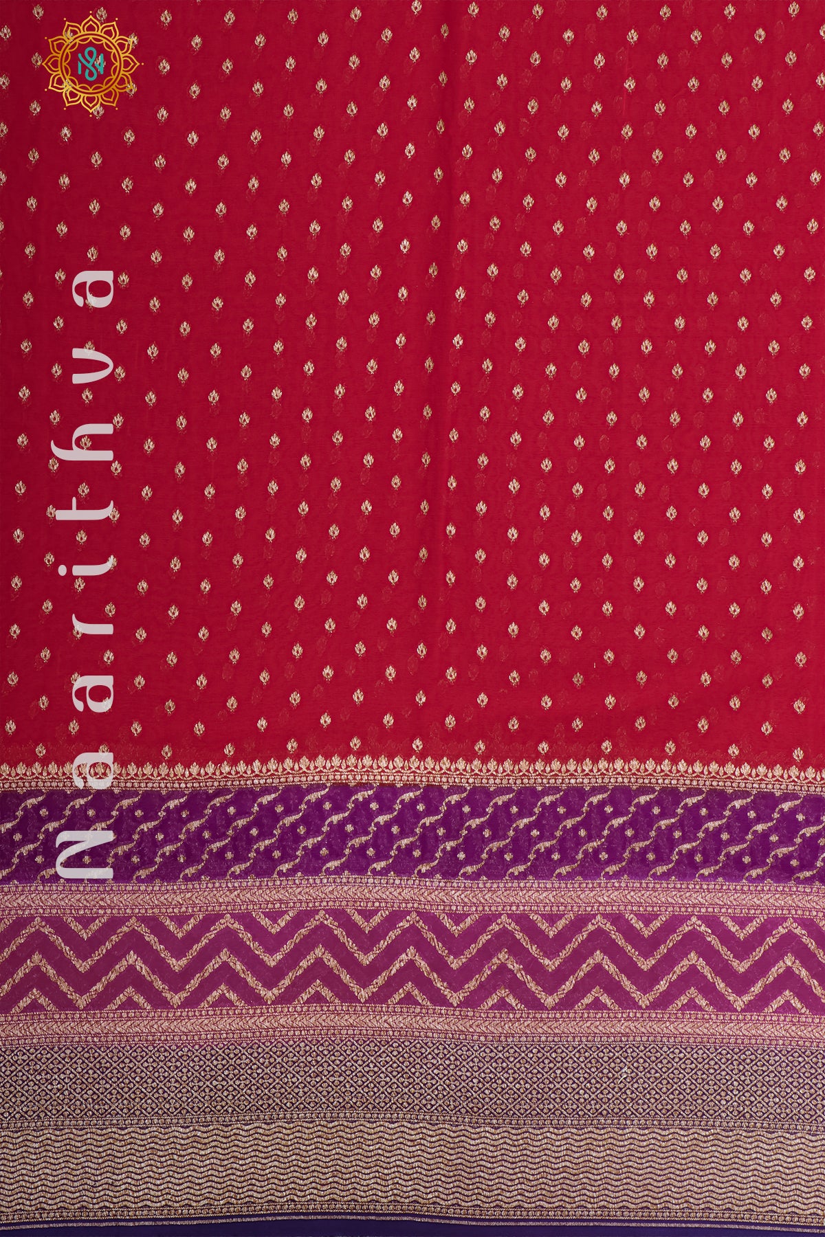 RED WITH PURPLE, PINK & NAVY BLUE - PURE HANDLOOM KHADDI GEORGETTE