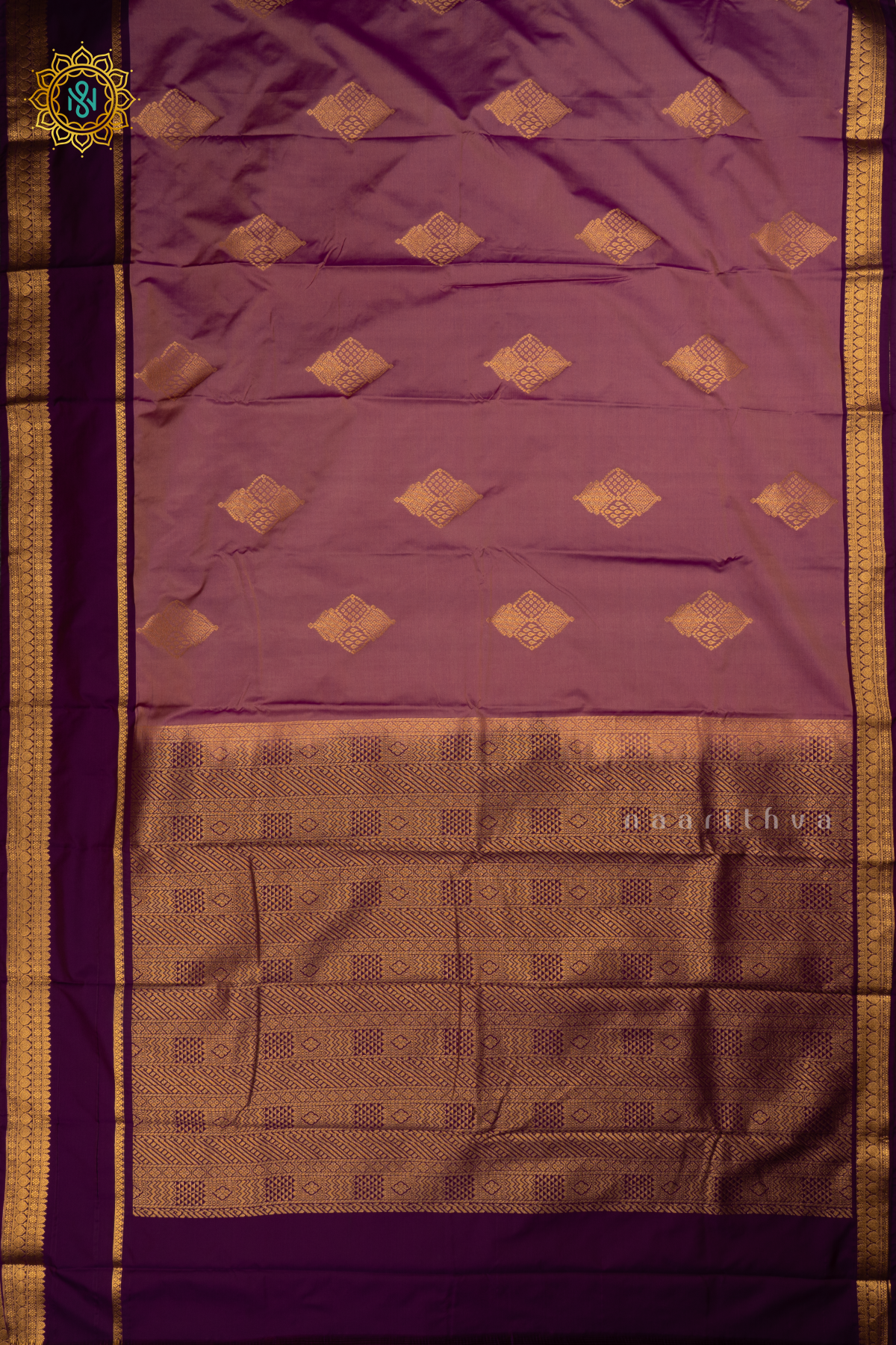 Pinkish Lavender with Wine Semi Kanchi Saree With Zari Buttas All Over And Contrast Zari Gap Border