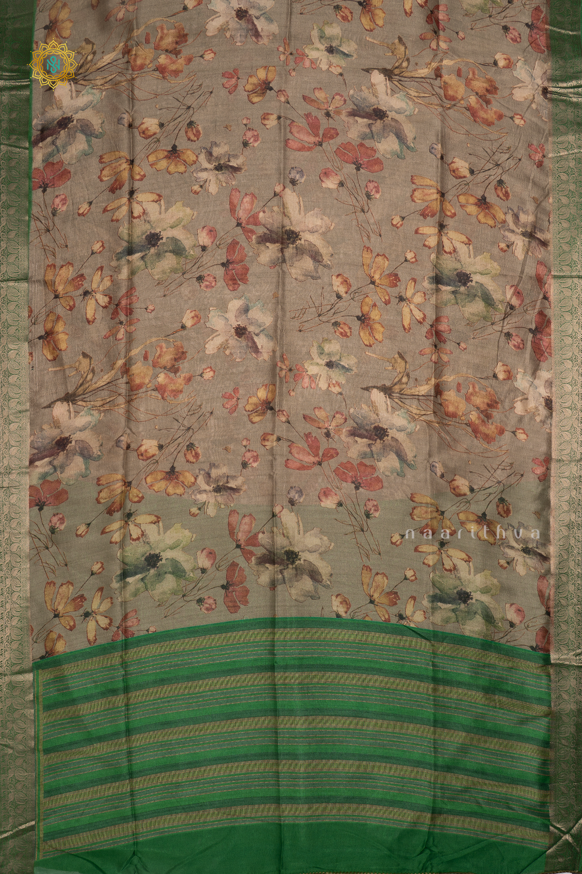 Elephant Grey With Magenta Organza Crepe Saree With Printed Body And Zari Border