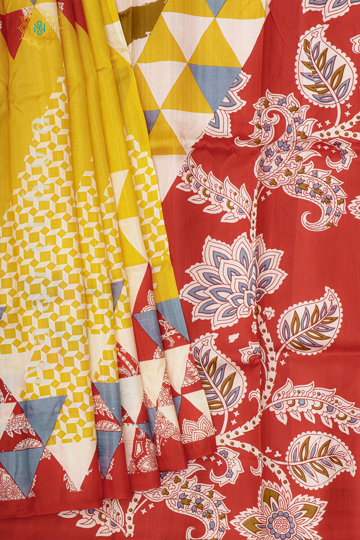 YELLOW WITH RED - PURE MULBERRY SILK WITH BLOCK PRINT