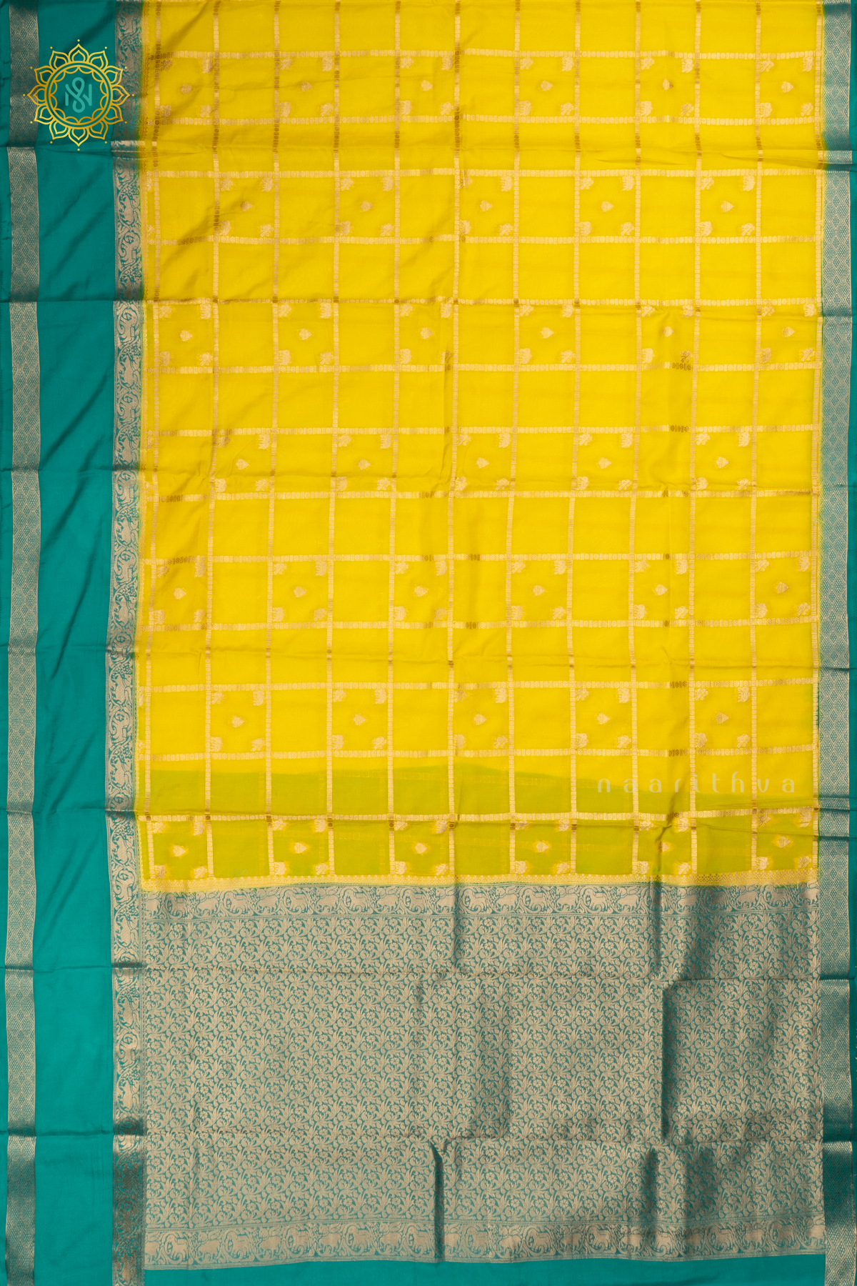 Yellow With Aqua Blue Semi Crepe Silk Saree All Over Zari Checks And Buttas With Contrast Zari Gap Border