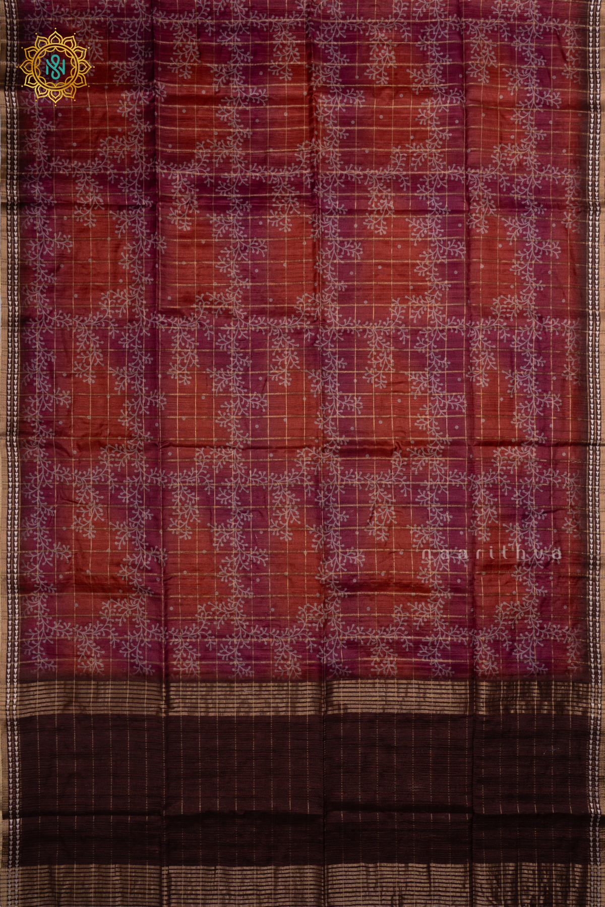 MAROON - KOTHA TUSSAR SAREE WITH PRINTED AND ZARI CHECKS BODY,  THREAD WOVEN BORDER
