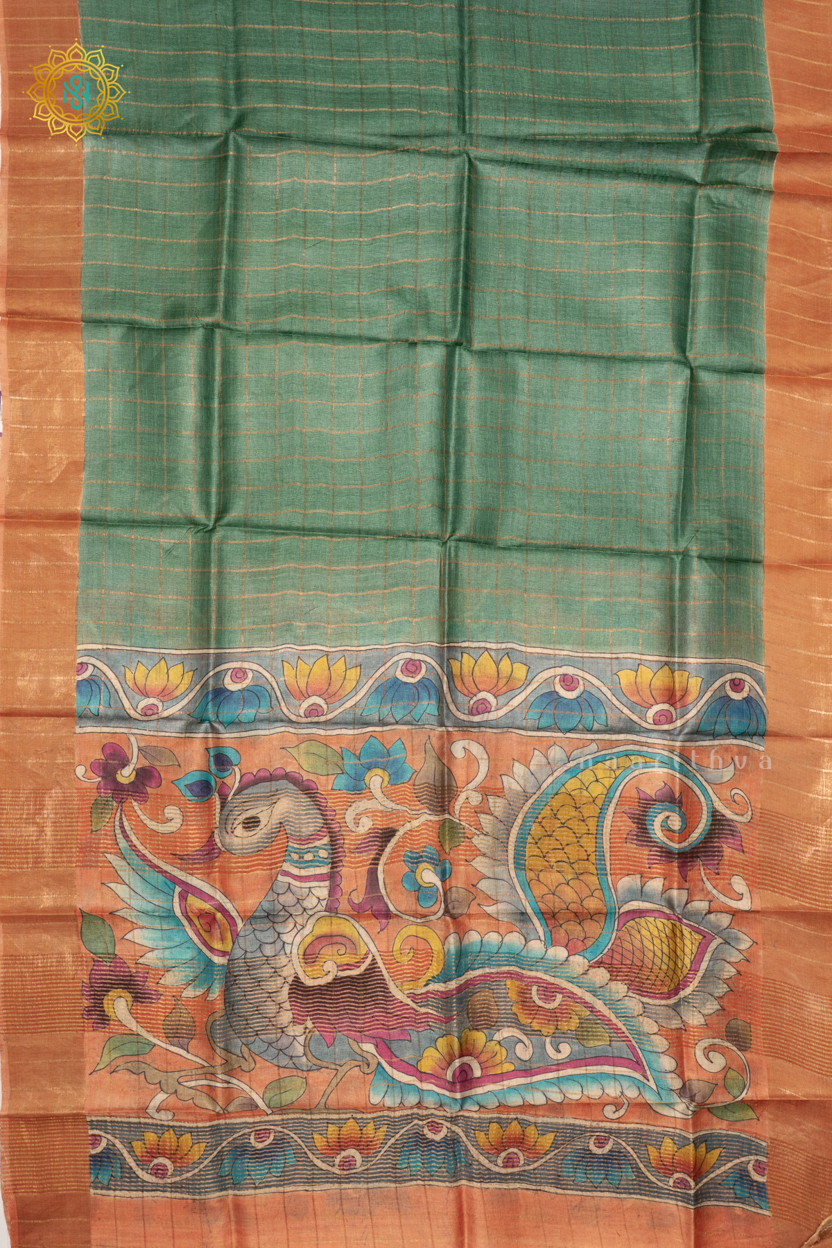 GREEN WITH PEACH - PURE TUSSAR SILK