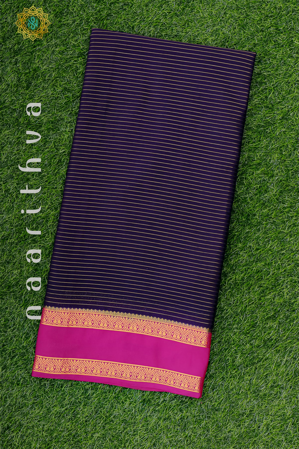 NAVY BLUE WITH PINK - SEMI MYSORE CREPE SILK