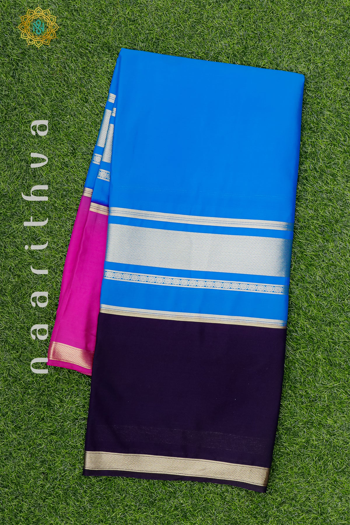 SKY BLUE WITH PINK & NAVY BLUE - SEMI MYSORE CREPE SILK