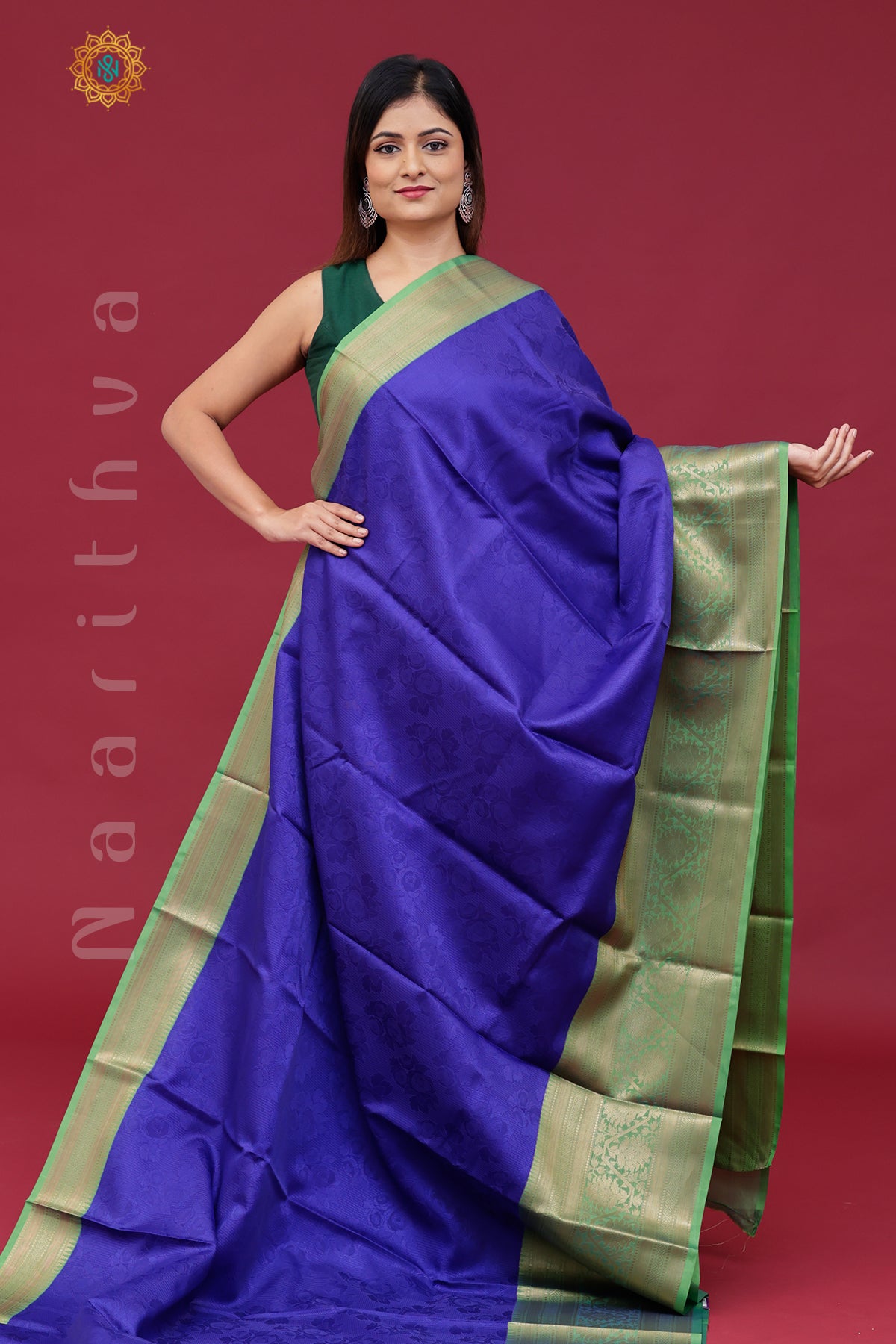 BLUE WITH GREEN - KORA TANCHOI SILK WITH CONTRAST BORDER