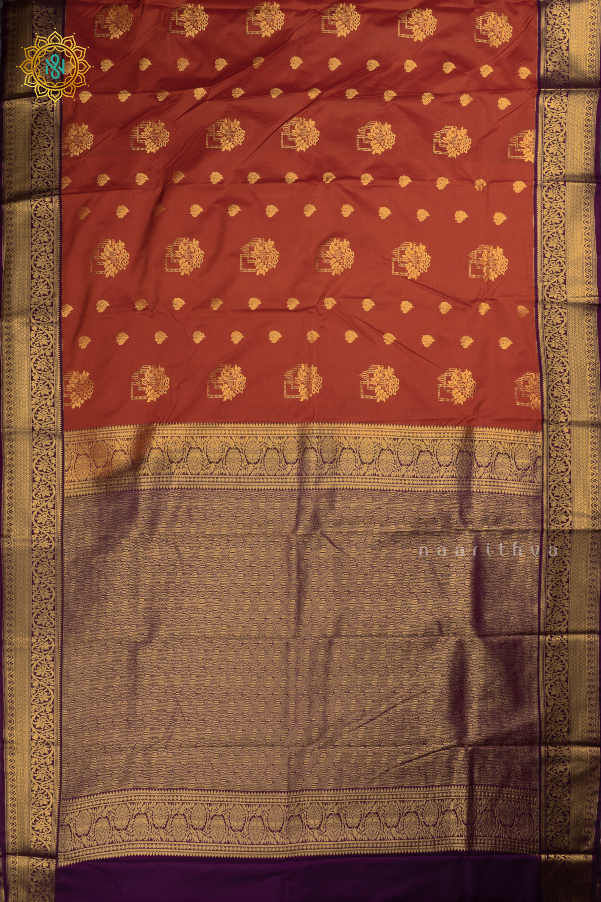 Rust Orange with Purple Semi Kanchi Saree With Zari Buttas All Over And Contrast Zari Border