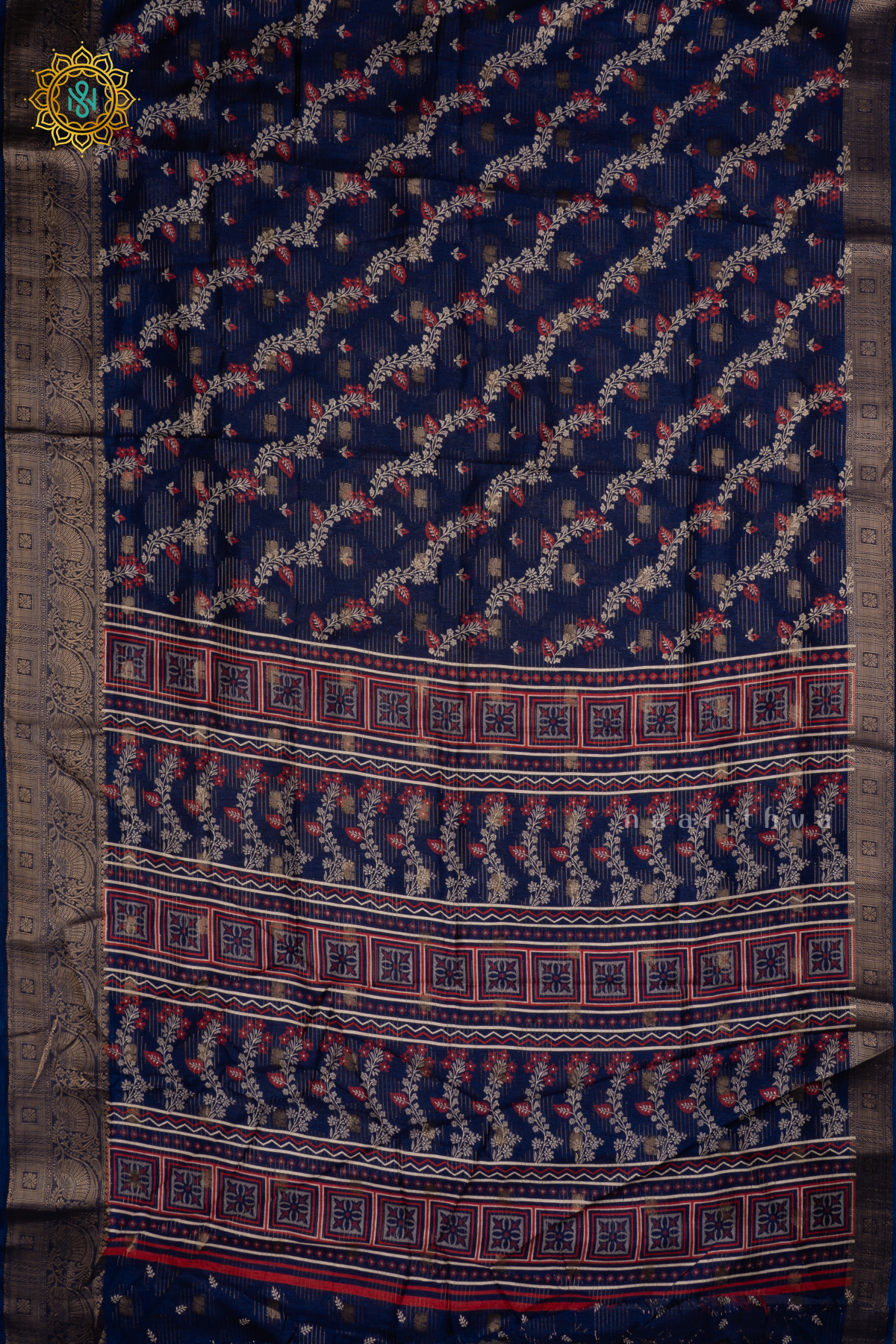 NAVY BLUE - DOLA SILK SAREE WITH PRINTED BODY AND ZARI BORDER