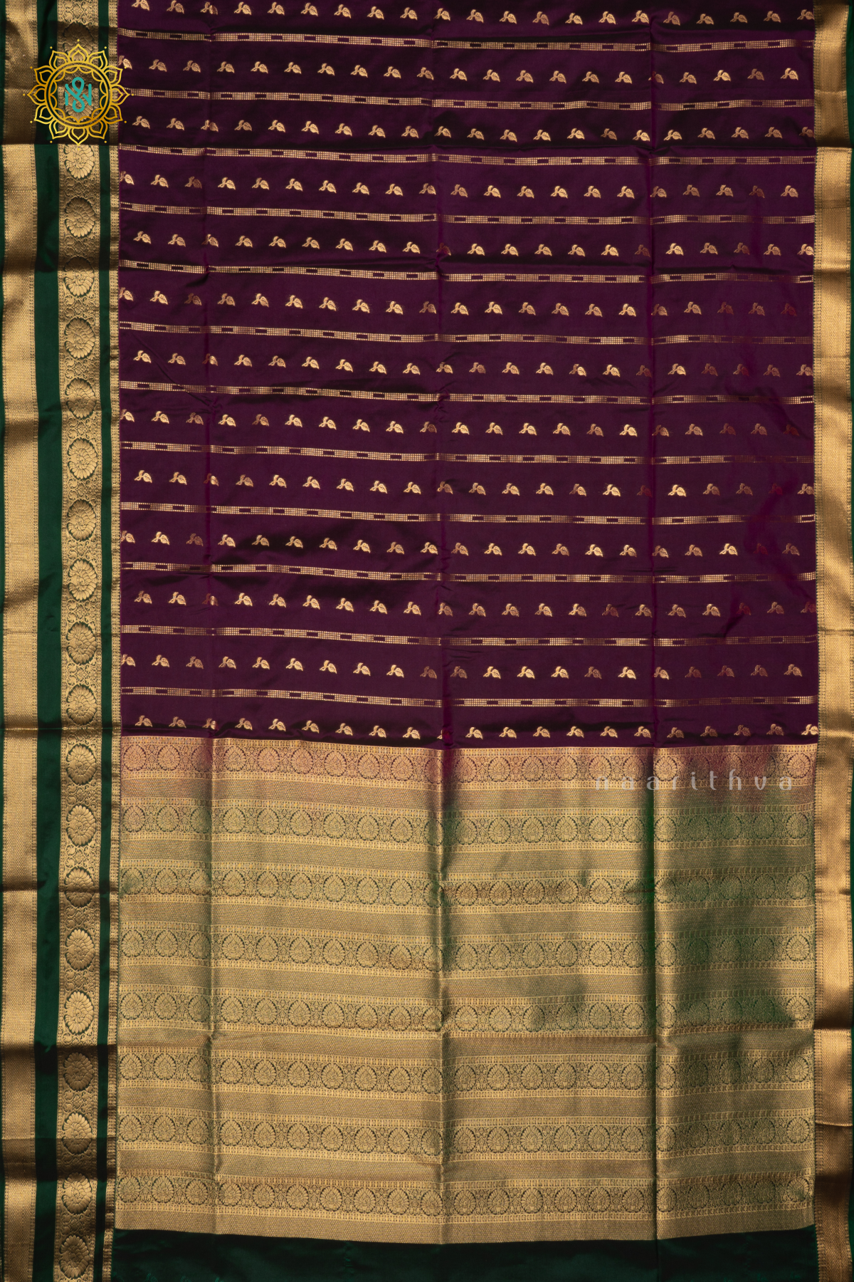 PURPLE WITH GREEN - SEMI KANCHI SAREE ALLOVER ZARI BUTTAS AND CONTRAST GAP BORDER