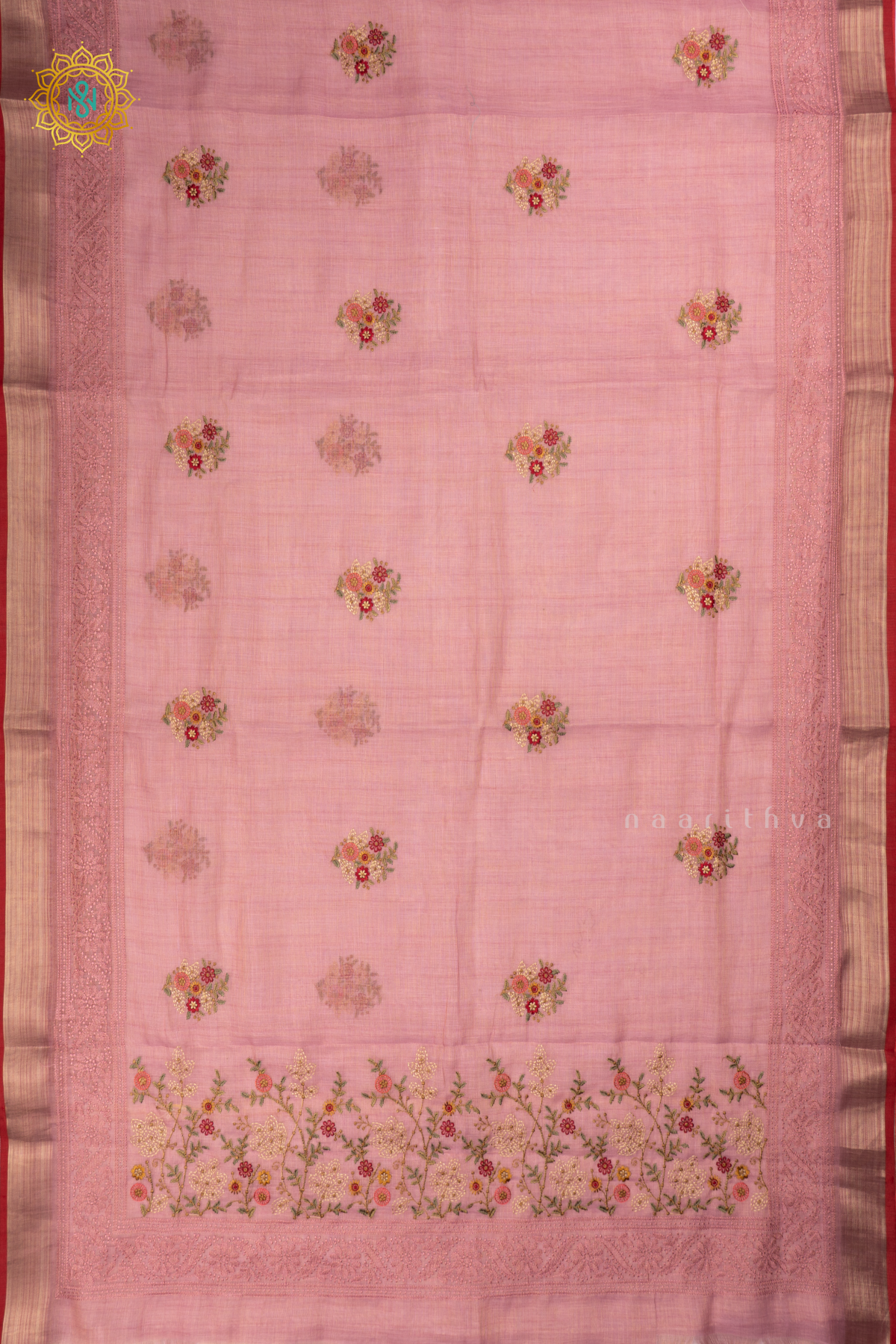 Light Pink - Linen Tissue Saree Allover Thread Work Buttas with Tissue Border