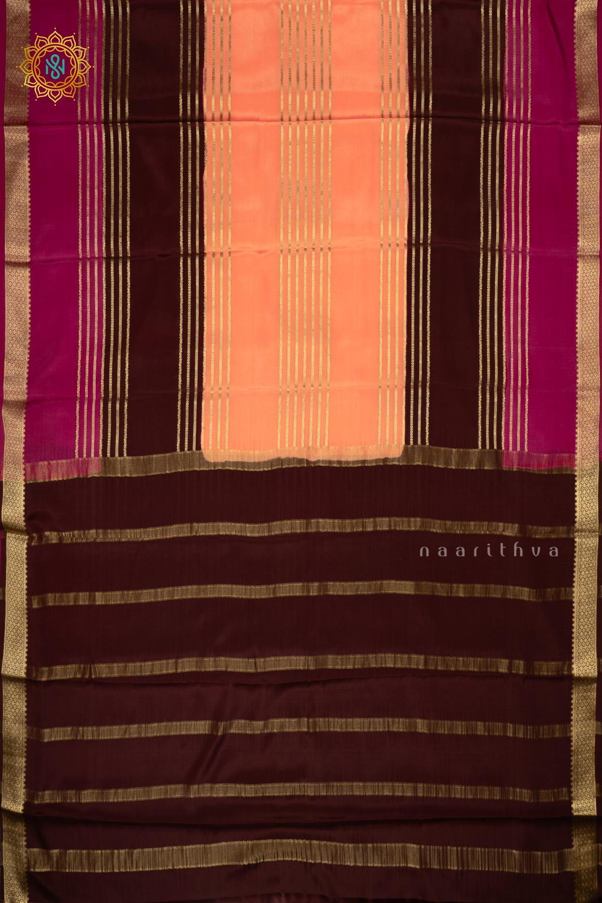 PEACH WITH BROWN AND MAGENTA - PURE MYSORE CREPE SILK
