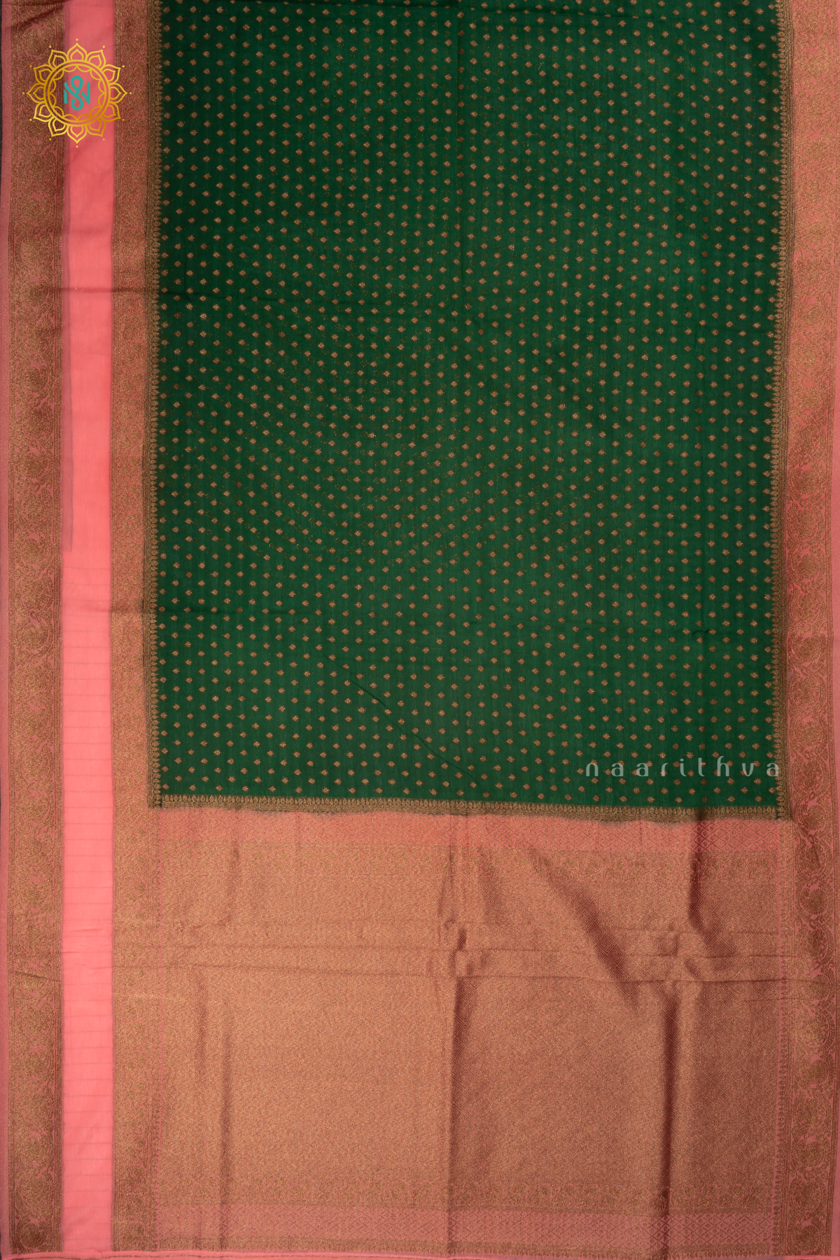 Bottle Green With Pink Semi Georgette Saree With Zari Buttas All Over  And Contrast Zari Gap Border