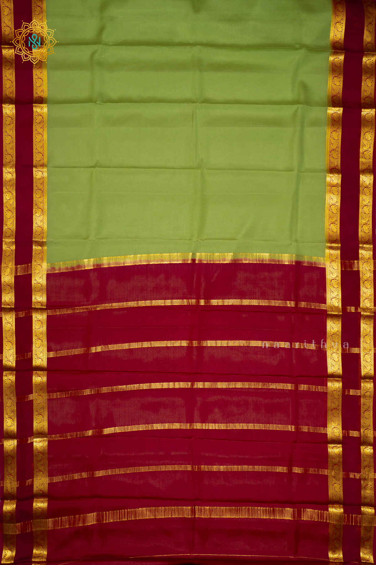 PISTA GREEN WITH MAROON - PURE MYSORE CREPE SILK