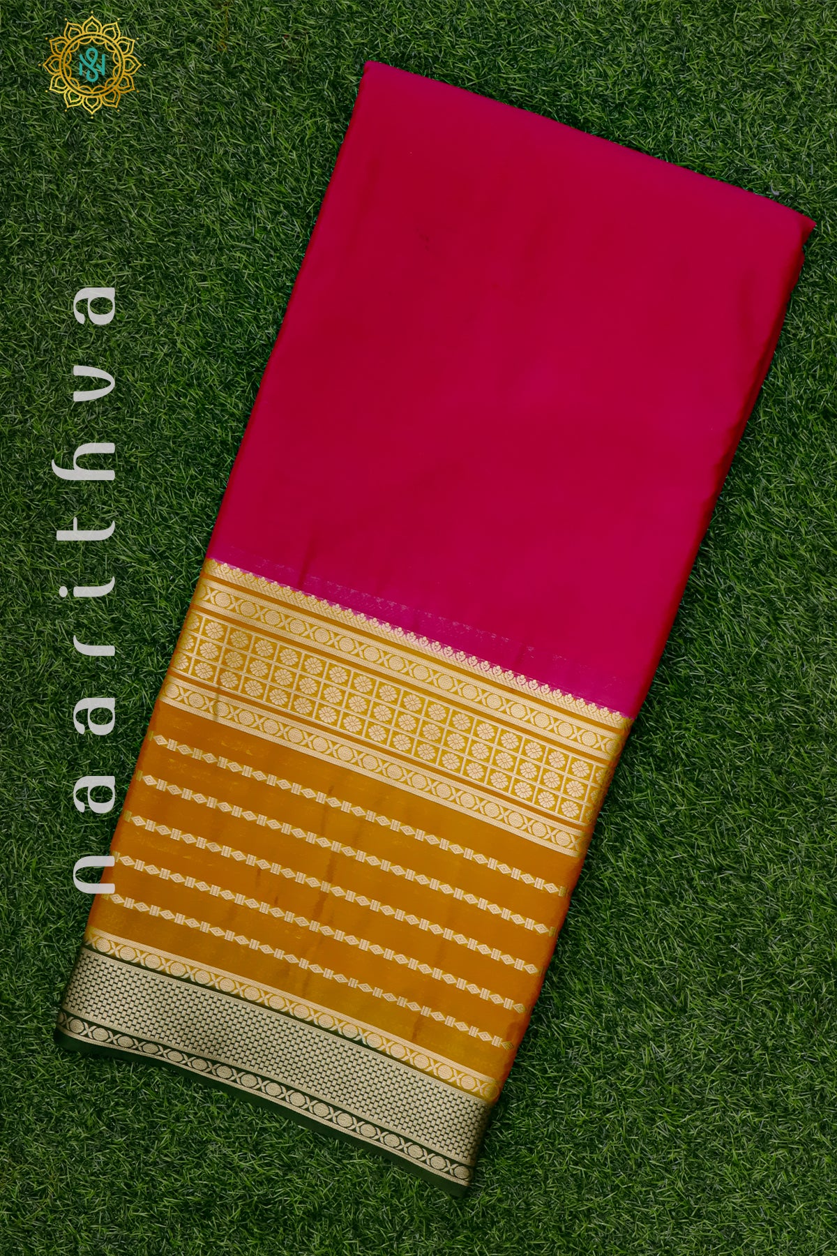 RANI PINK WITH MUSTARD & GREEN - SEMI MYSORE CREPE SILK