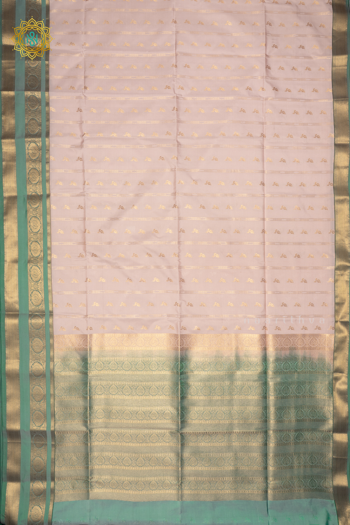 OFF WHITE WITH AQUA GREEN - SEMI KANCHI SAREE ALLOVER ZARI BUTTAS AND CONTRAST GAP BORDER