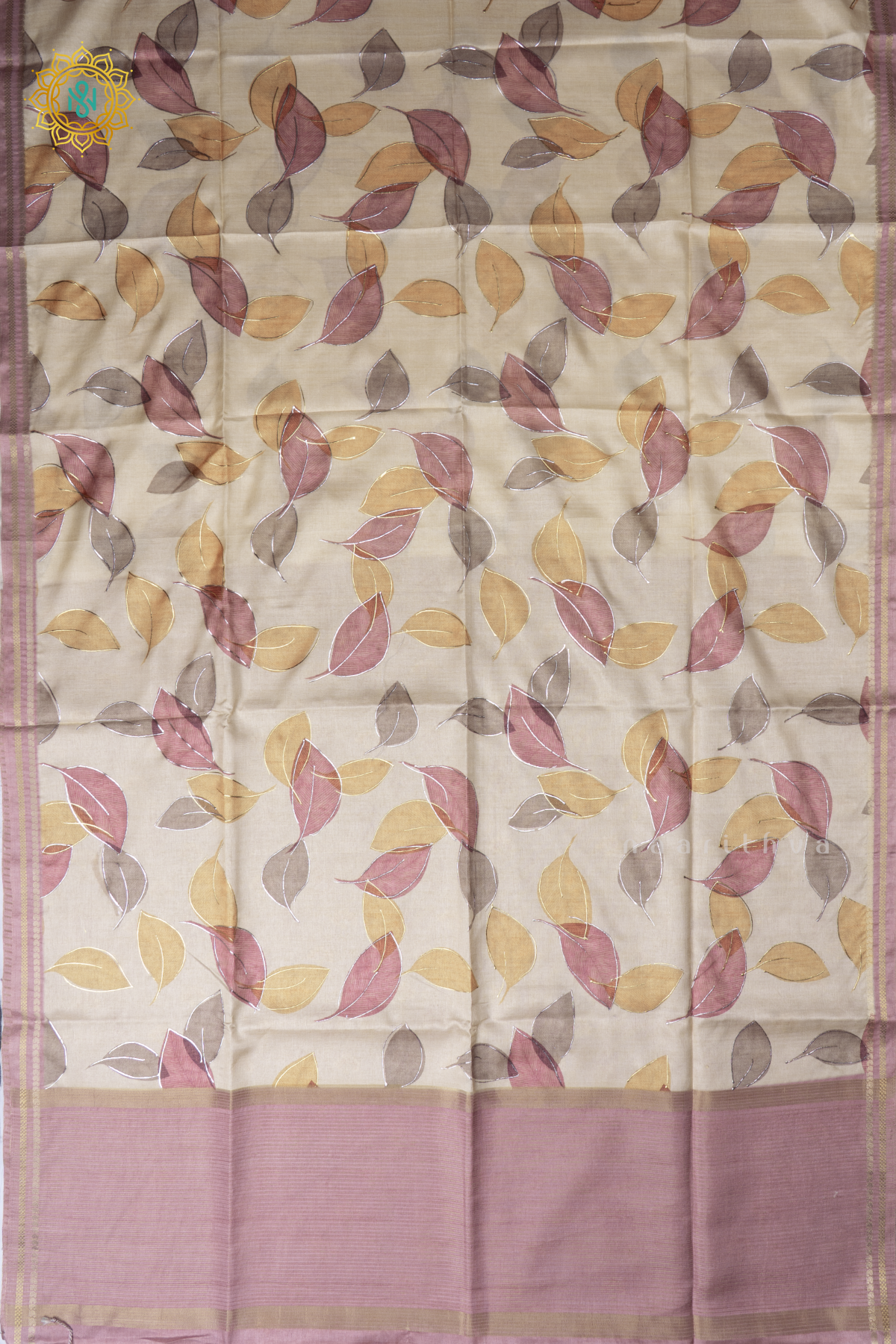 Off White With Mauve Semi Tussar Silk Saree With Allover Leaf Prints On The Body With Contrast Pallu