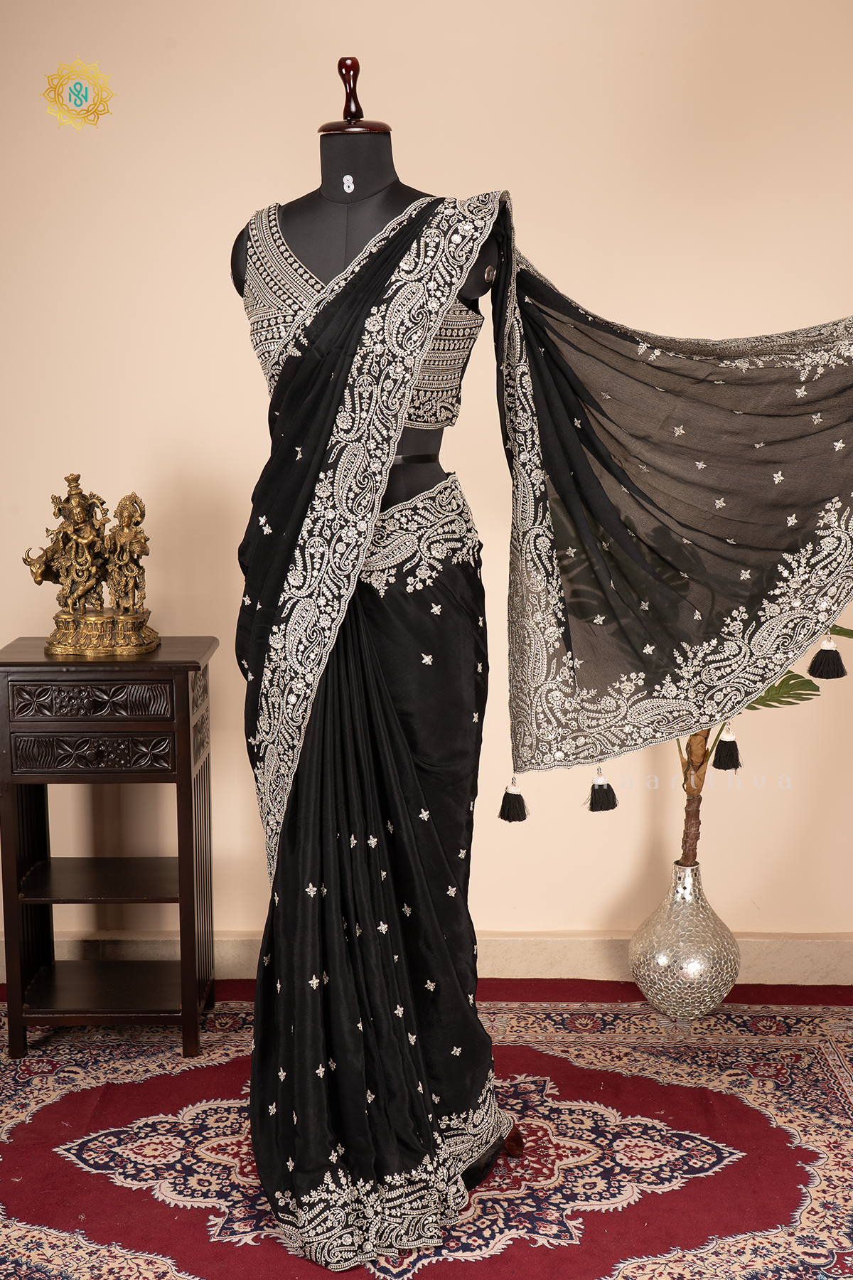 BLACK - CREPE PARTY WEAR SAREE WITH READYMADE BLOUSE