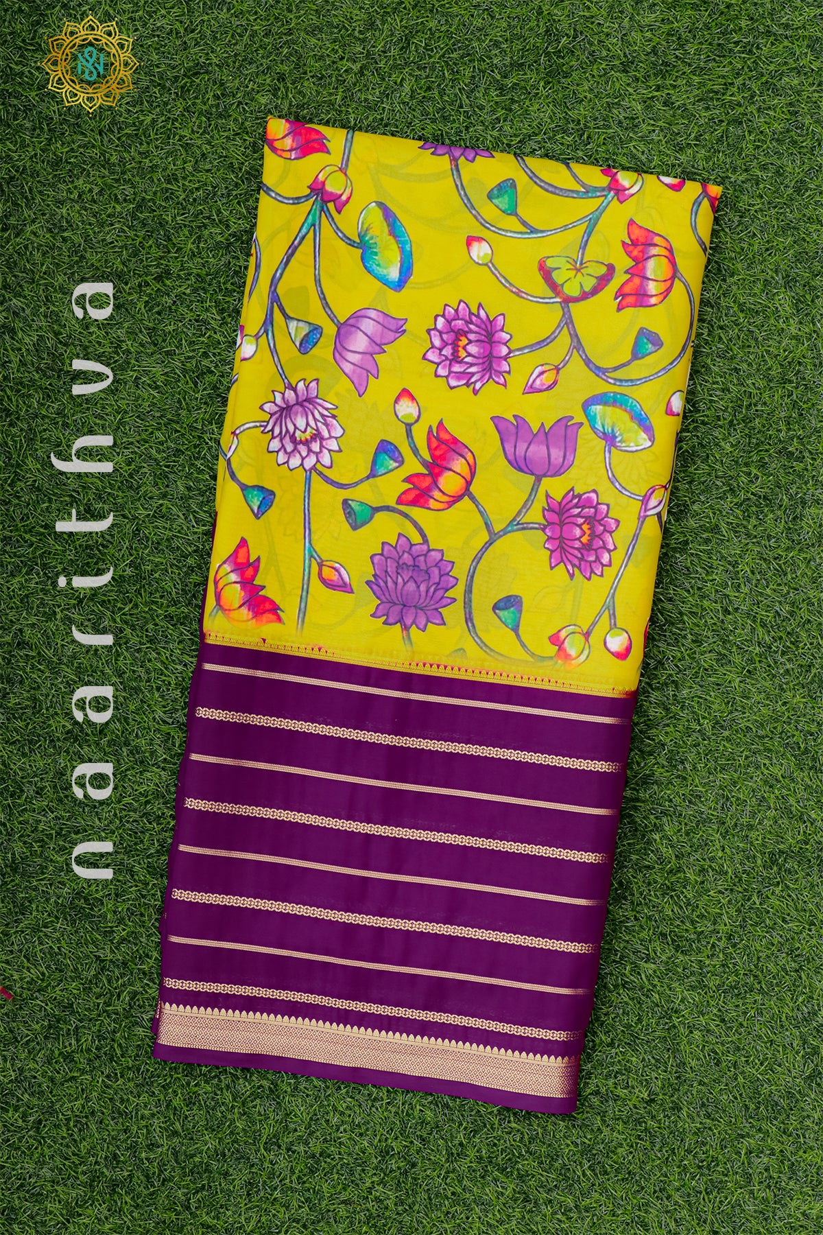 YELLOW WITH PURPLE - SEMI MYSORE CREPE SILK