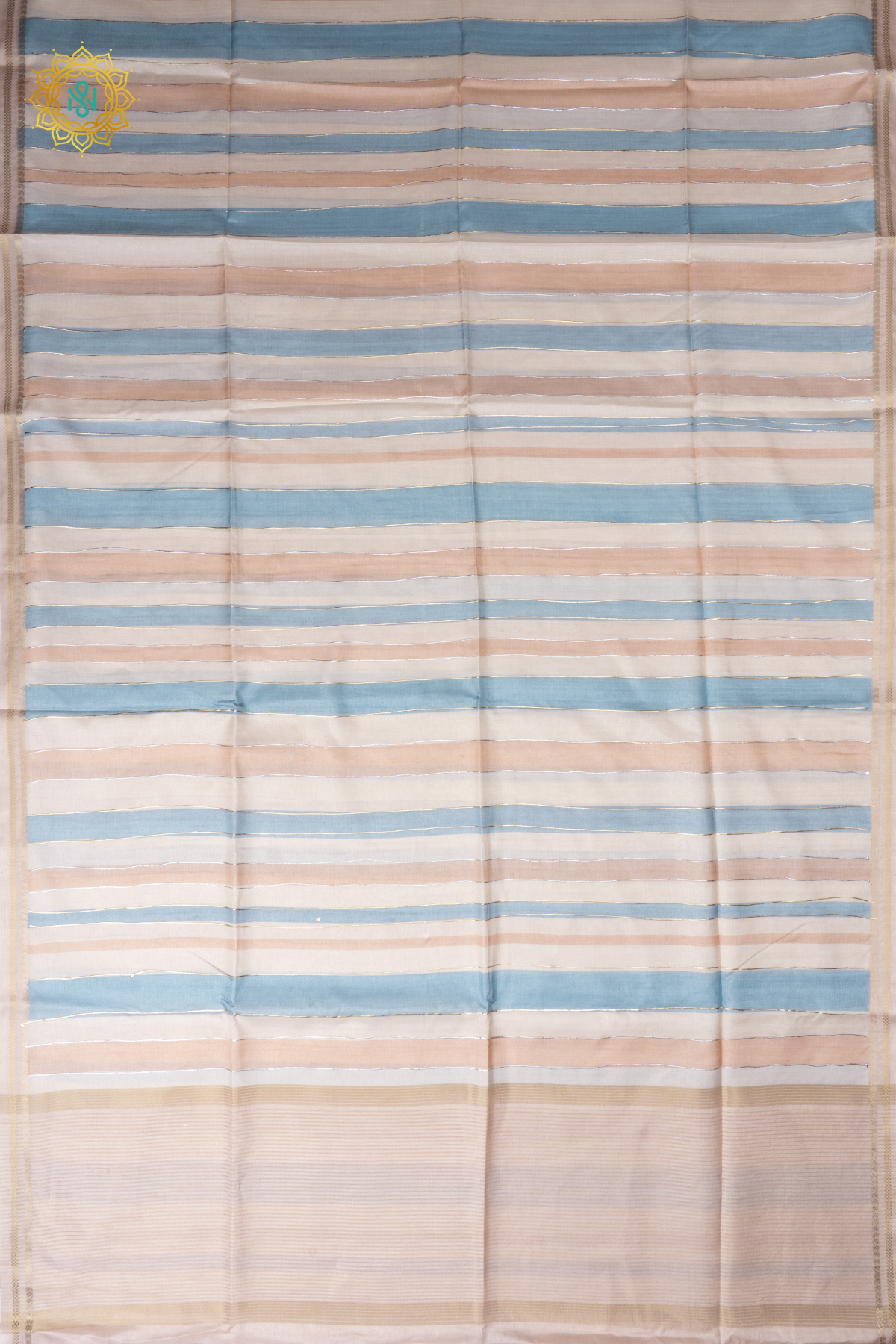 Beige With Blue Semi Tussar Silk Saree With Vertical Stripes & Contrast Pallu