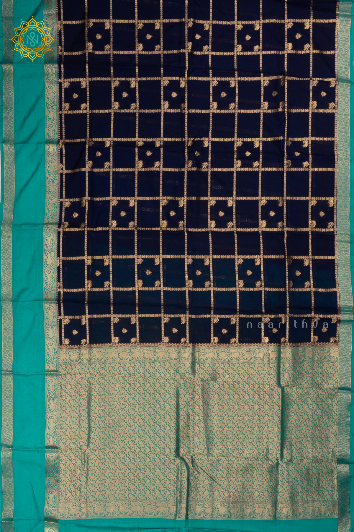 Navy Blue With Aqua Blue Semi Crepe Silk Saree All Over Zari Checks And Buttas With Contrast Zari Gap Border