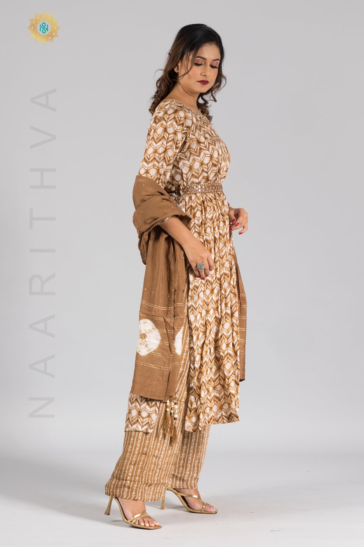 BROWN & WHITE - PARTY WEAR NAYRA CUT SALWAR SUIT WITH PARALLEL CUT PANT & DUPATTA