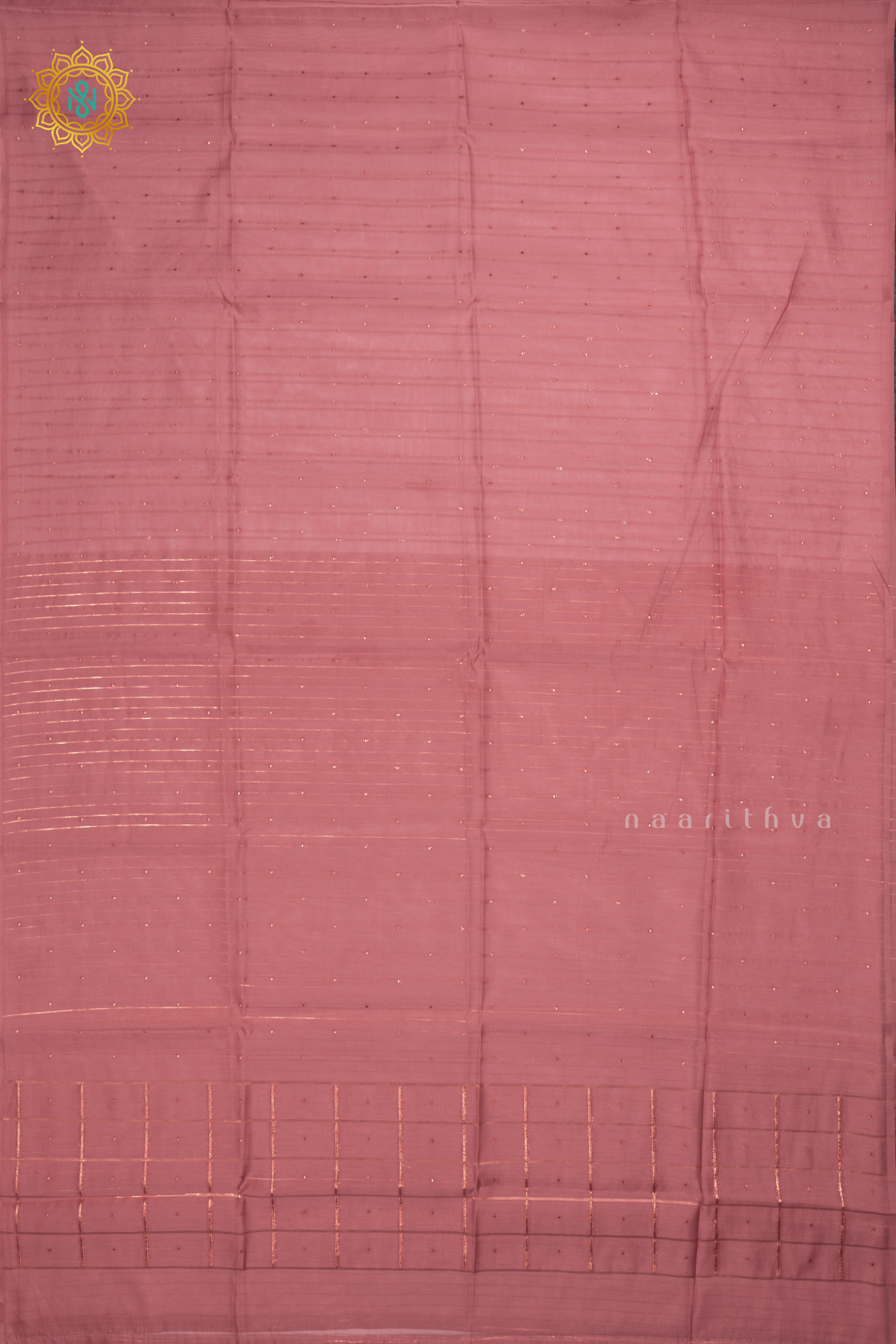 Peachish Pink Organza Saree With Zari Buttas And Stripes With Checks On Pallu And Blouse