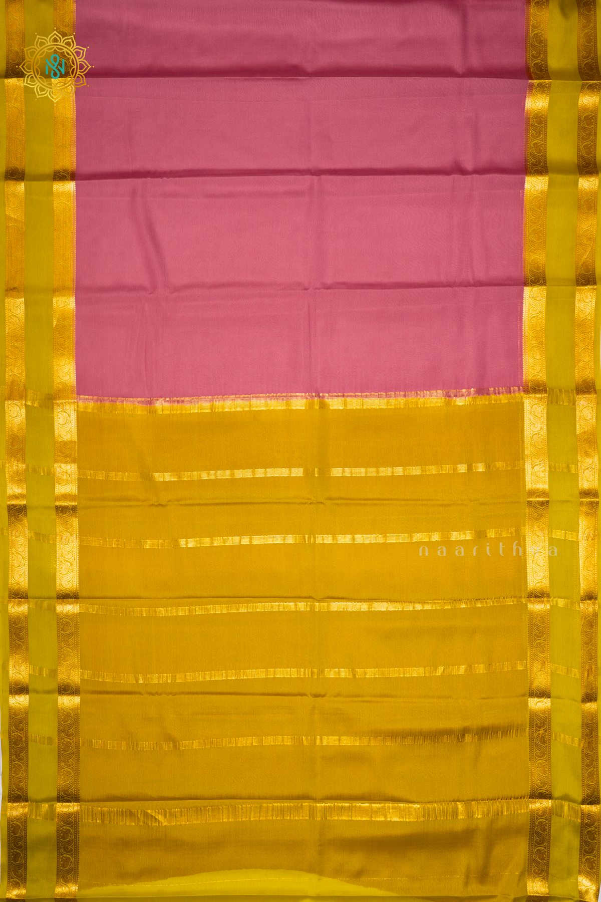 ROUGE PINK WITH LIME GREEN - PURE MYSORE CREPE SILK